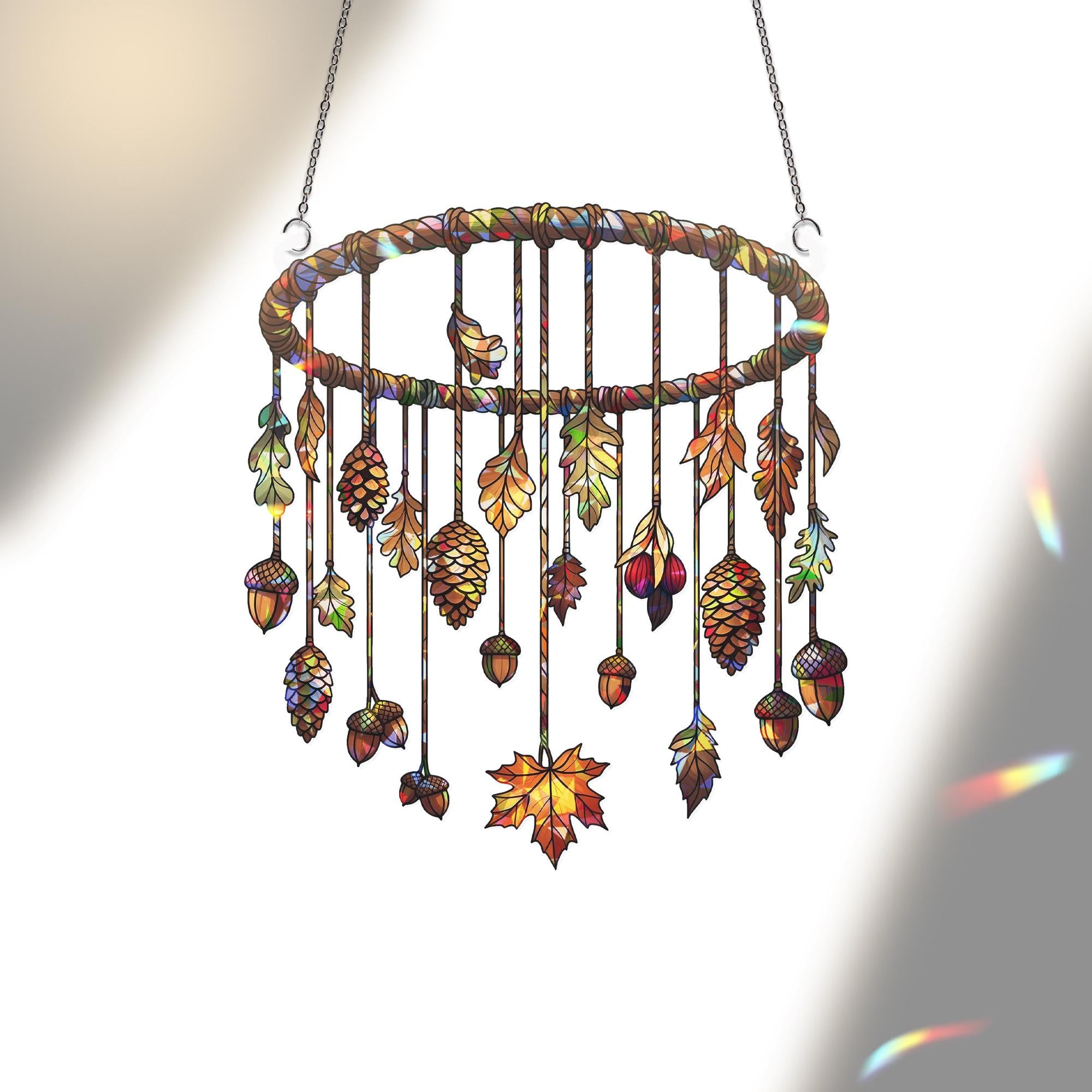 Autumn Leaves & Pinecones Holographic Window Hanging – Fall Acorn Sun Catcher Decor, Boho Forest Mobile Gift for Nature Lovers