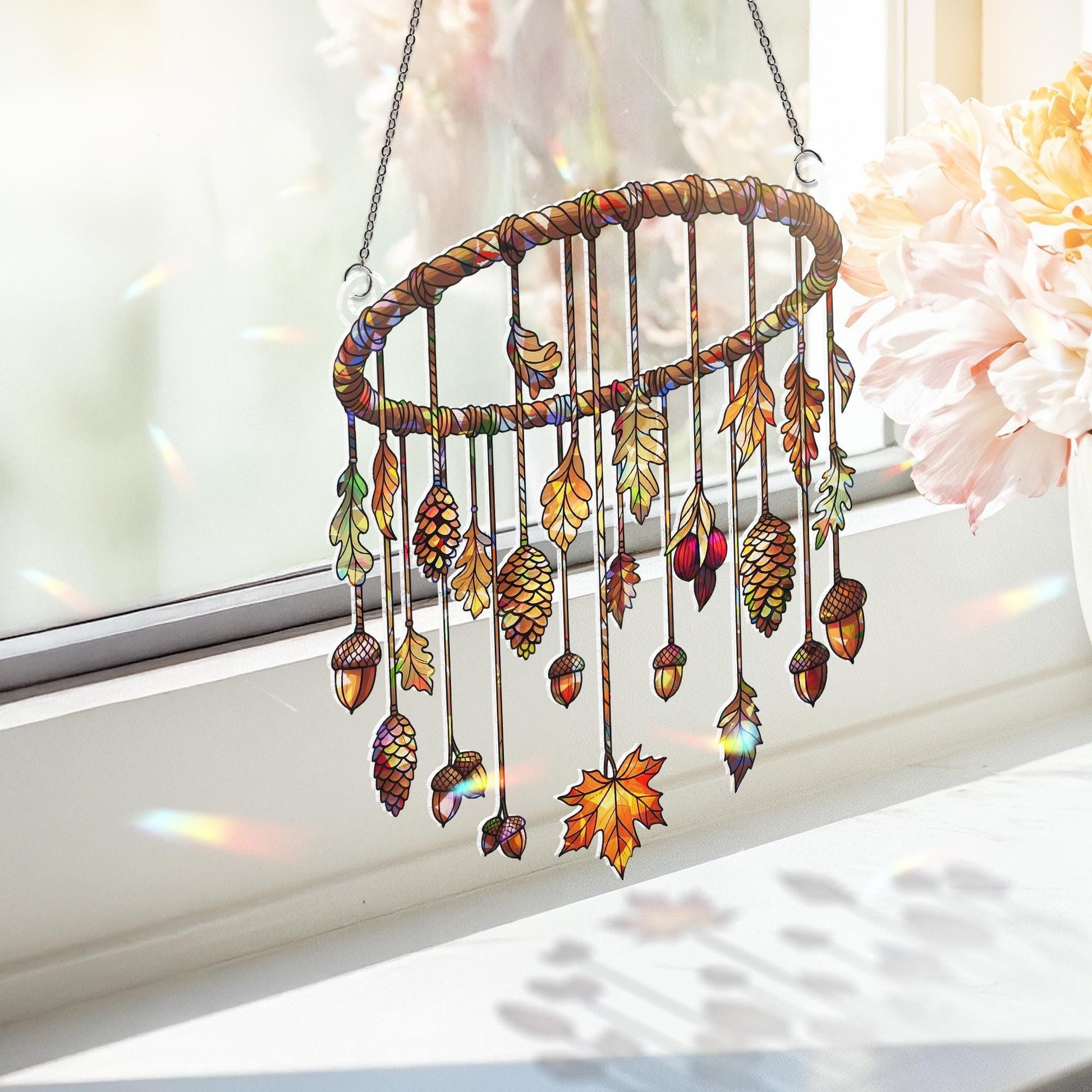 Autumn Leaves & Pinecones Holographic Window Hanging – Fall Acorn Sun Catcher Decor, Boho Forest Mobile Gift for Nature Lovers