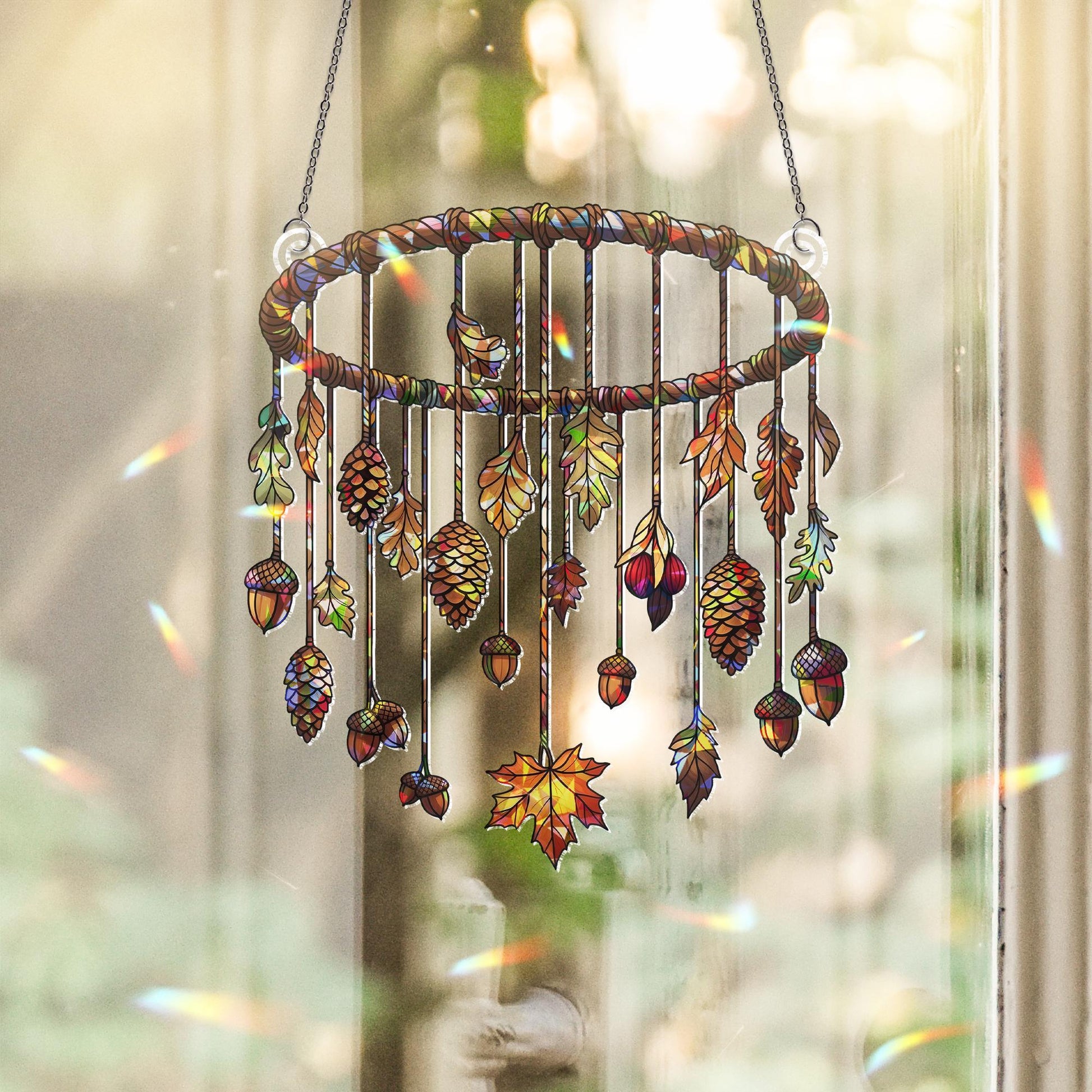 Autumn Leaves & Pinecones Holographic Window Hanging – Fall Acorn Sun Catcher Decor, Boho Forest Mobile Gift for Nature Lovers