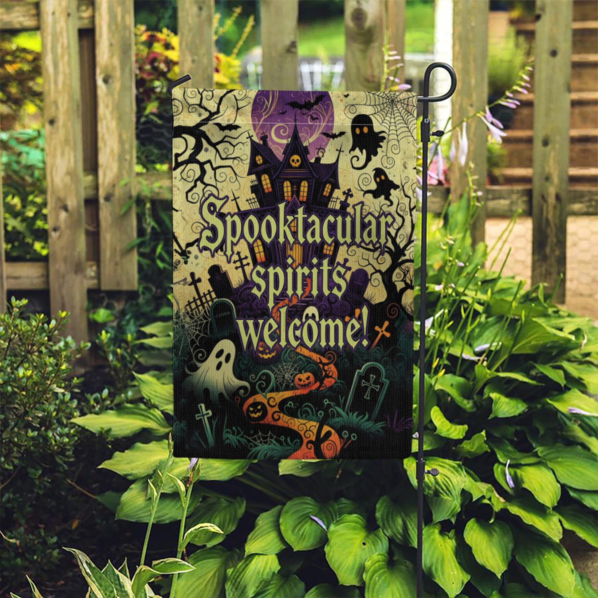 Spooktacular Spirits Welcome Garden Flag – Haunted House Halloween Outdoor Decor, Ghost Pumpkin Graveyard Yard Banner Sign