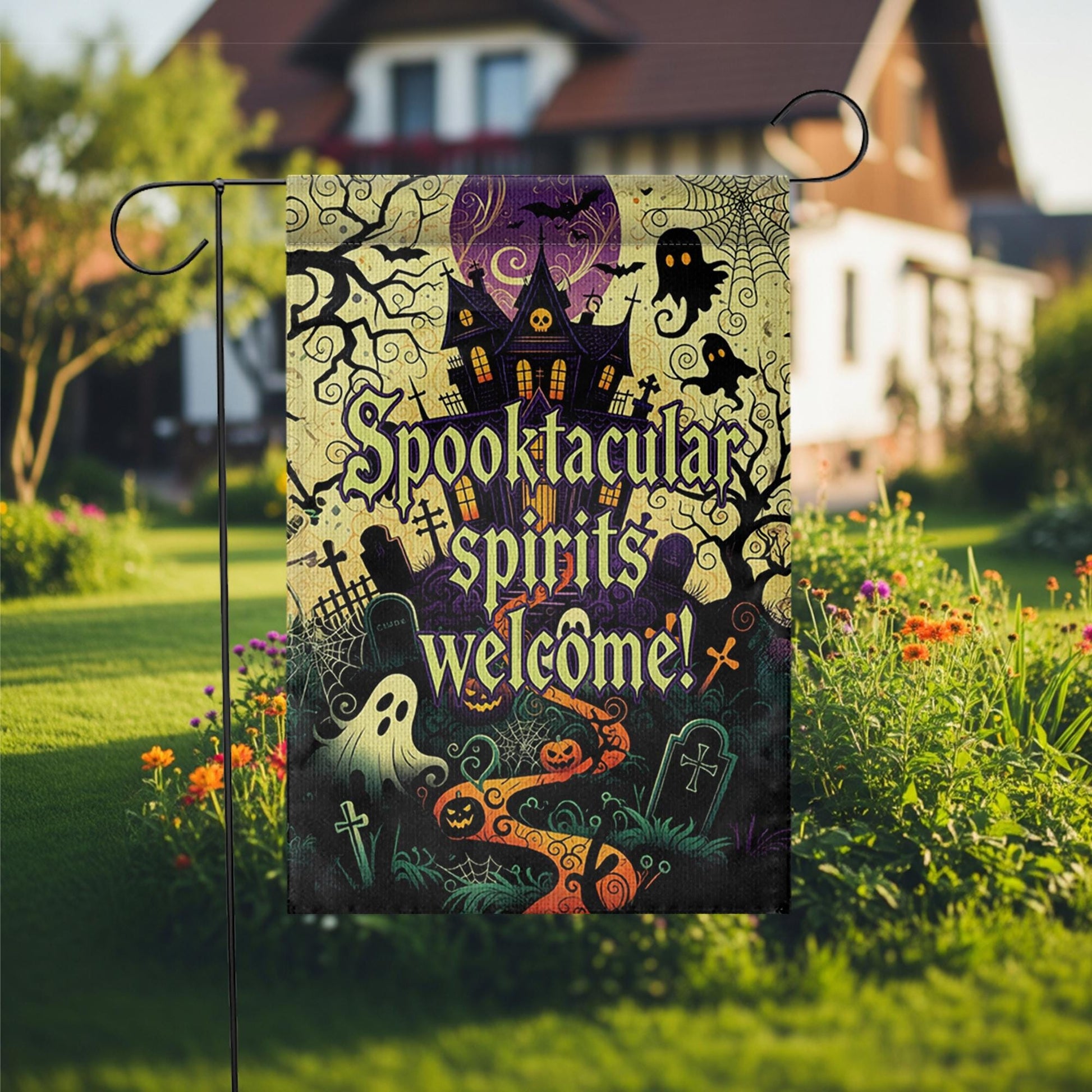 Spooktacular Spirits Welcome Garden Flag – Haunted House Halloween Outdoor Decor, Ghost Pumpkin Graveyard Yard Banner Sign