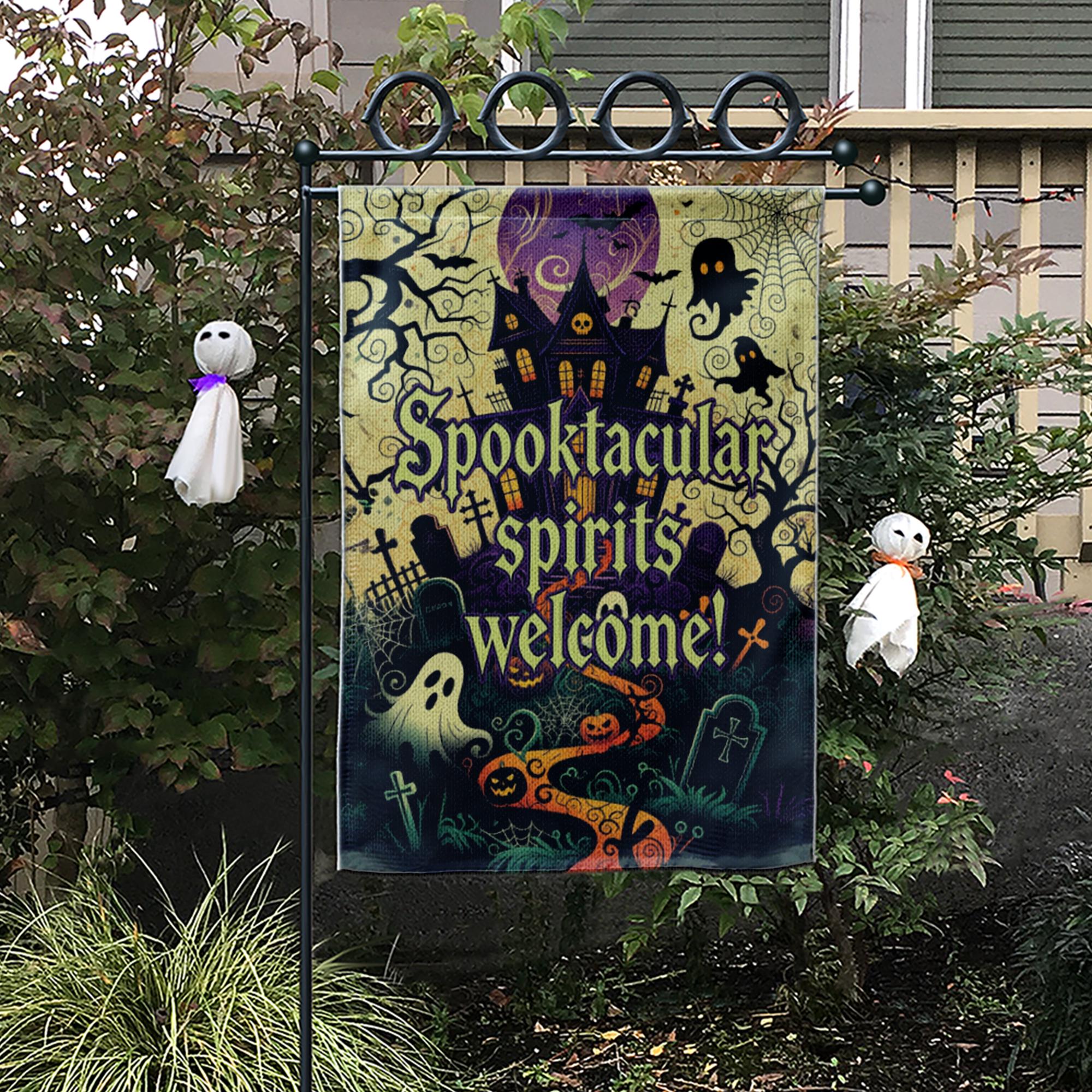 Spooktacular Spirits Welcome Garden Flag – Haunted House Halloween Outdoor Decor, Ghost Pumpkin Graveyard Yard Banner Sign