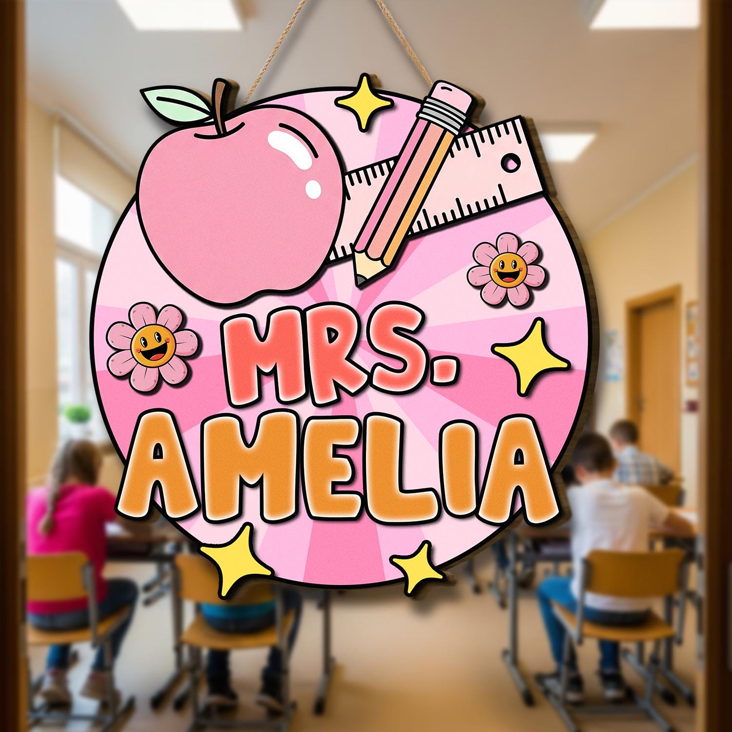 Personalized Teacher Door Sign, Cute Classroom Decor with Apple, Pencil & Flowers, Custom Name Back to School Gift for Educators, Teachers