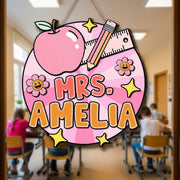 Personalized Teacher Door Sign, Cute Classroom Decor with Apple, Pencil & Flowers, Custom Name Back to School Gift for Educators, Teachers