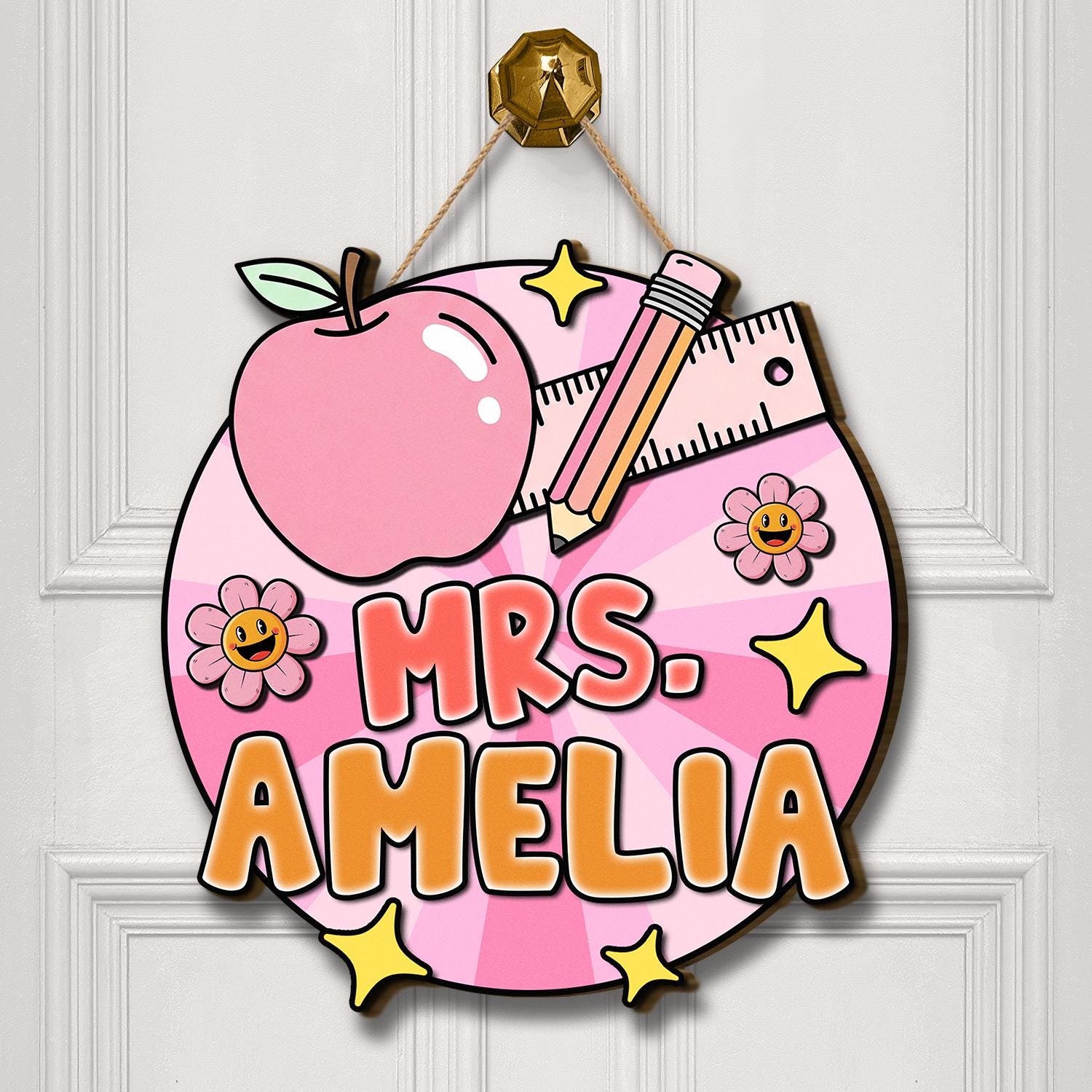 Personalized Teacher Door Sign, Cute Classroom Decor with Apple, Pencil & Flowers, Custom Name Back to School Gift for Educators, Teachers