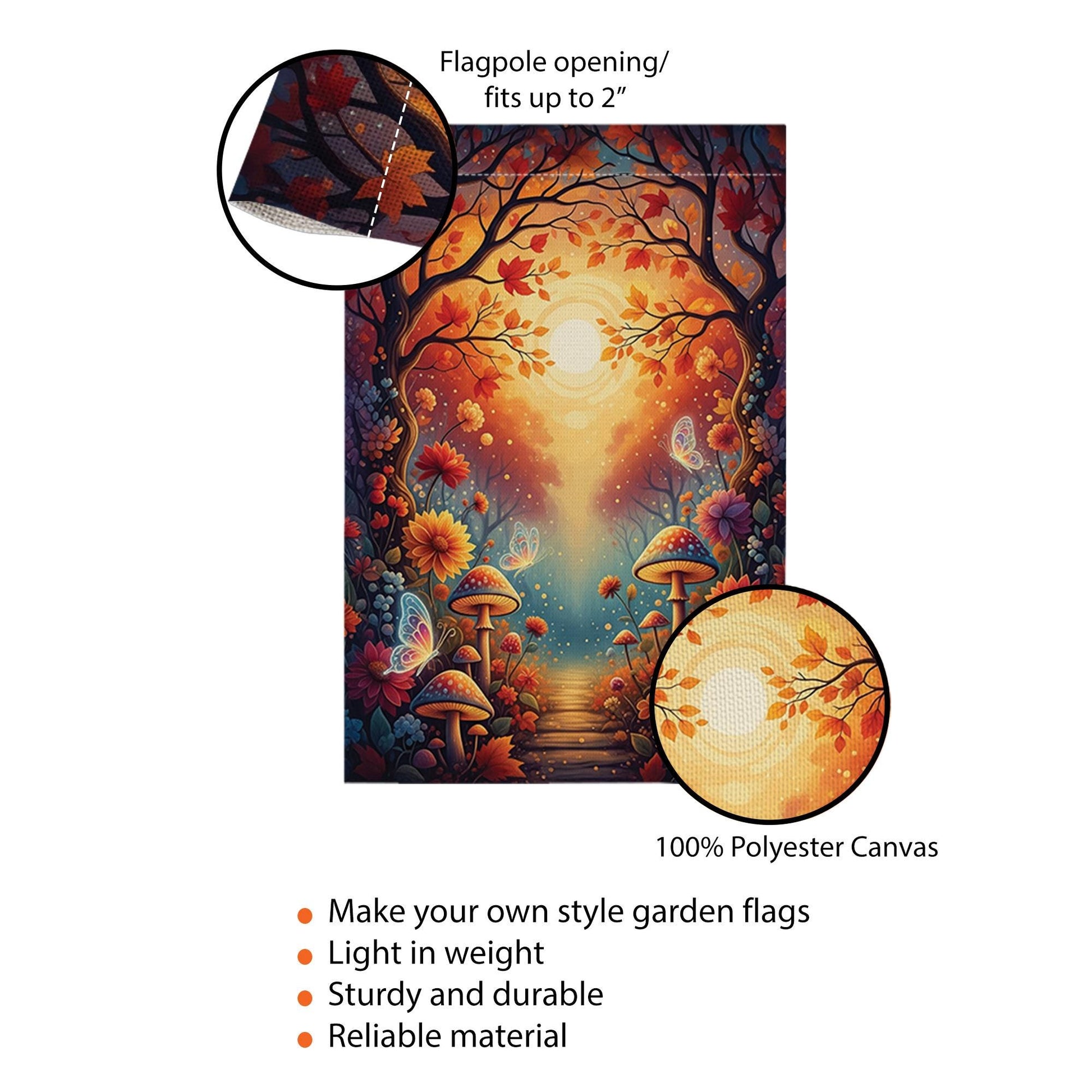 Whimsical Autumn Fairy Garden Flag – Fall Mushrooms, Butterflies & Sunlight Path Outdoor Yard Decor, Fantasy Woodland Landscape