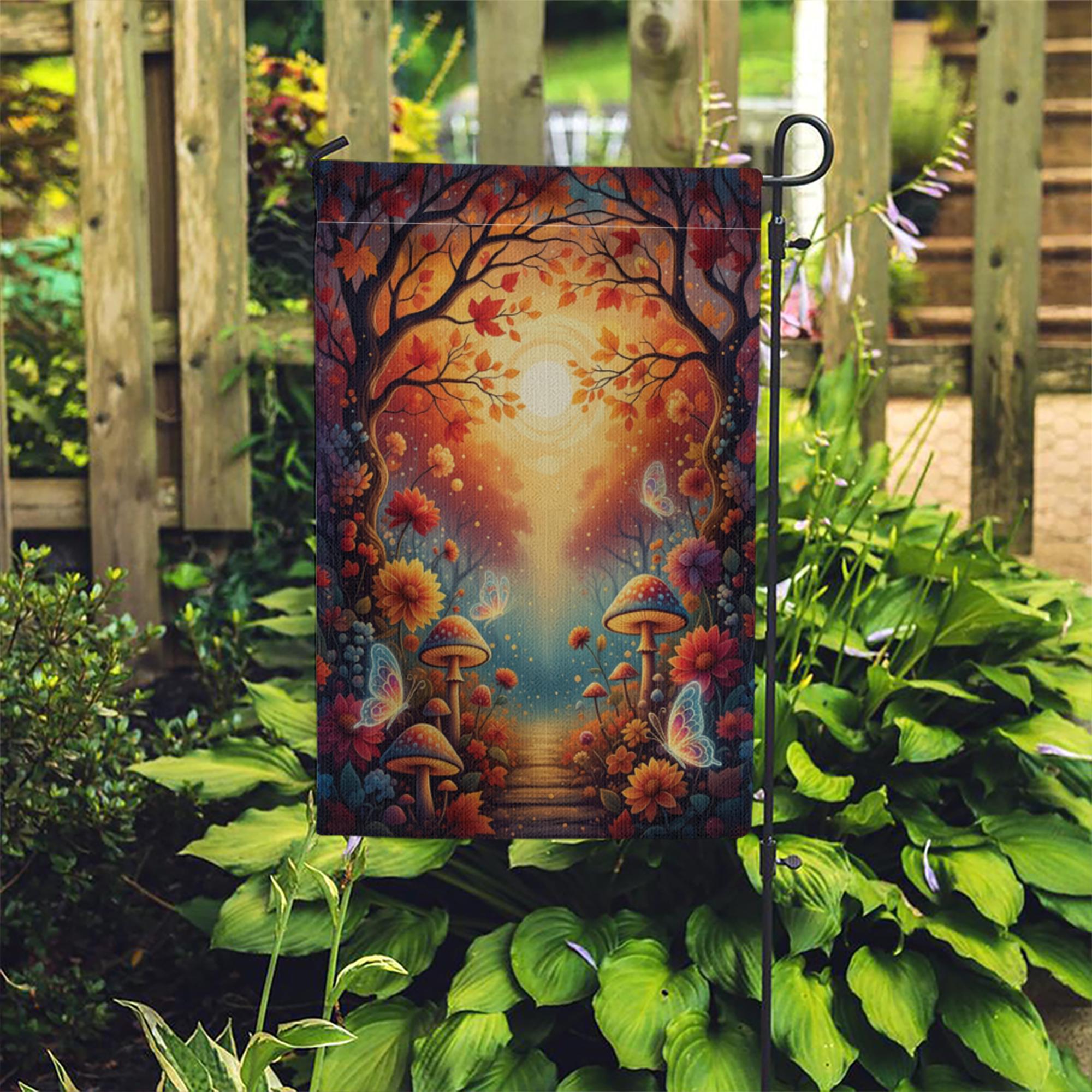 Whimsical Autumn Fairy Garden Flag – Fall Mushrooms, Butterflies & Sunlight Path Outdoor Yard Decor, Fantasy Woodland Landscape