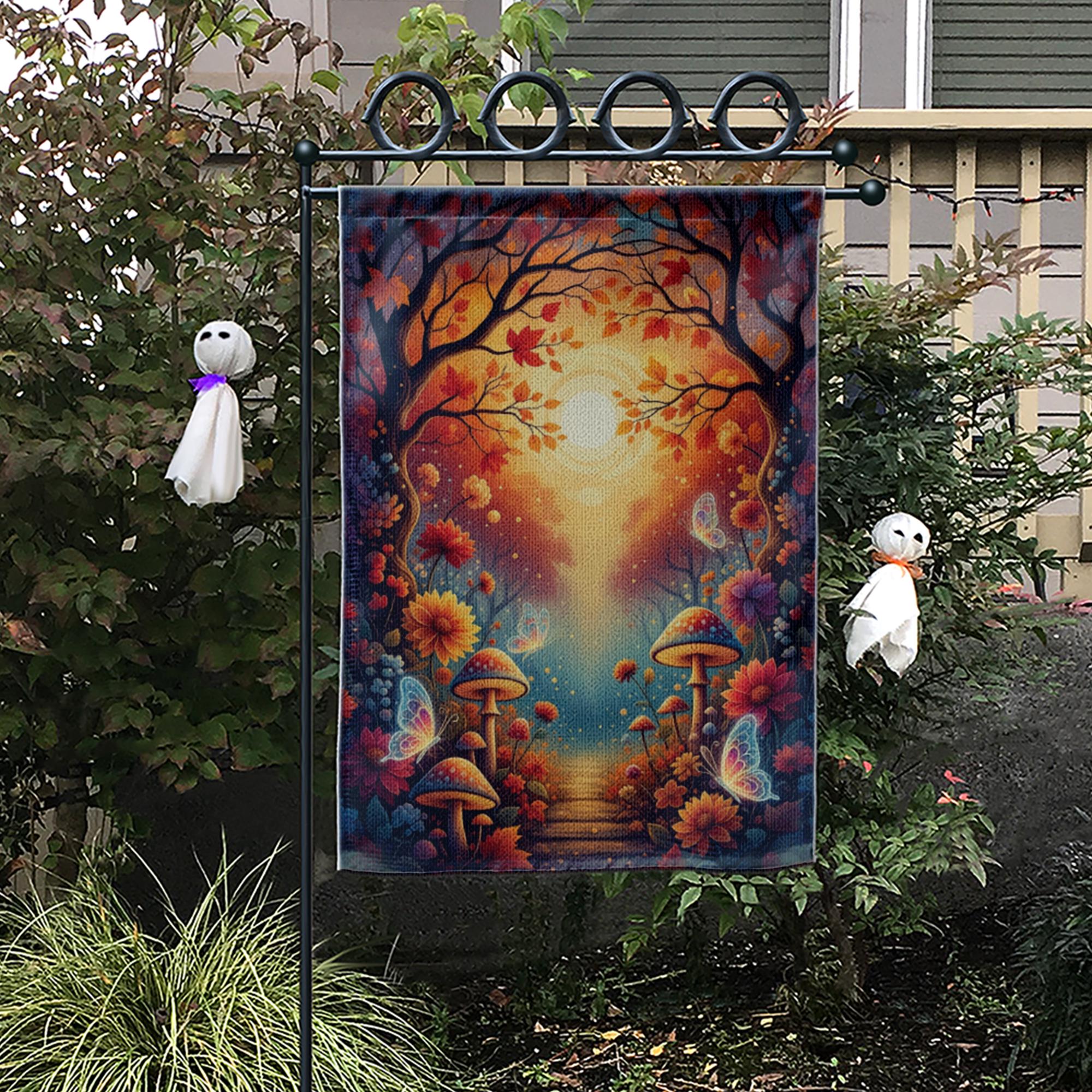 Whimsical Autumn Fairy Garden Flag – Fall Mushrooms, Butterflies & Sunlight Path Outdoor Yard Decor, Fantasy Woodland Landscape
