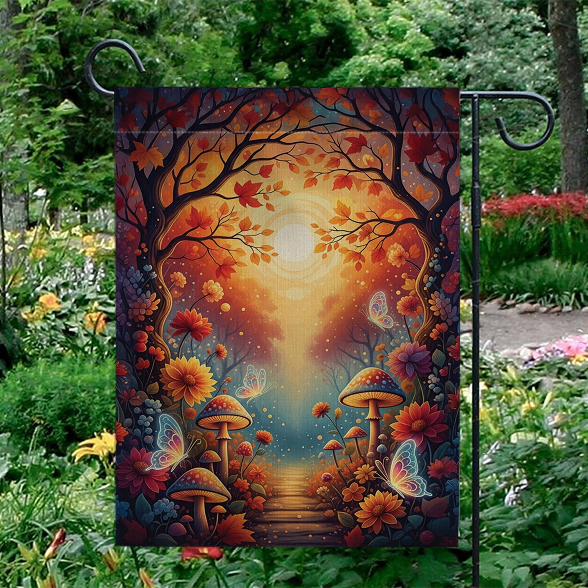 Whimsical Autumn Fairy Garden Flag – Fall Mushrooms, Butterflies & Sunlight Path Outdoor Yard Decor, Fantasy Woodland Landscape