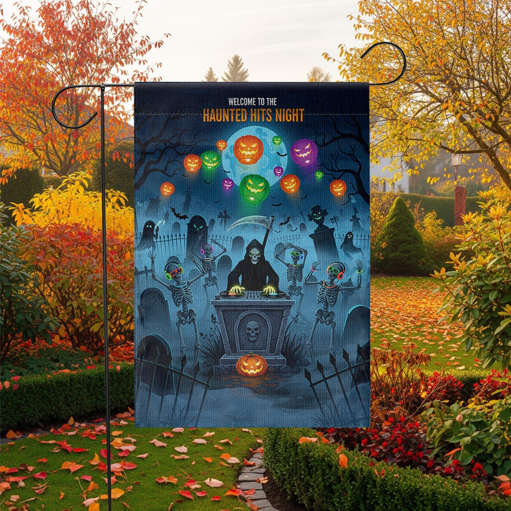 Halloween Garden Flag - Haunted Hits Night Yard Decor with Dancing Skeletons & Grim Reaper - Spooky Outdoor Decoration for Halloween Party