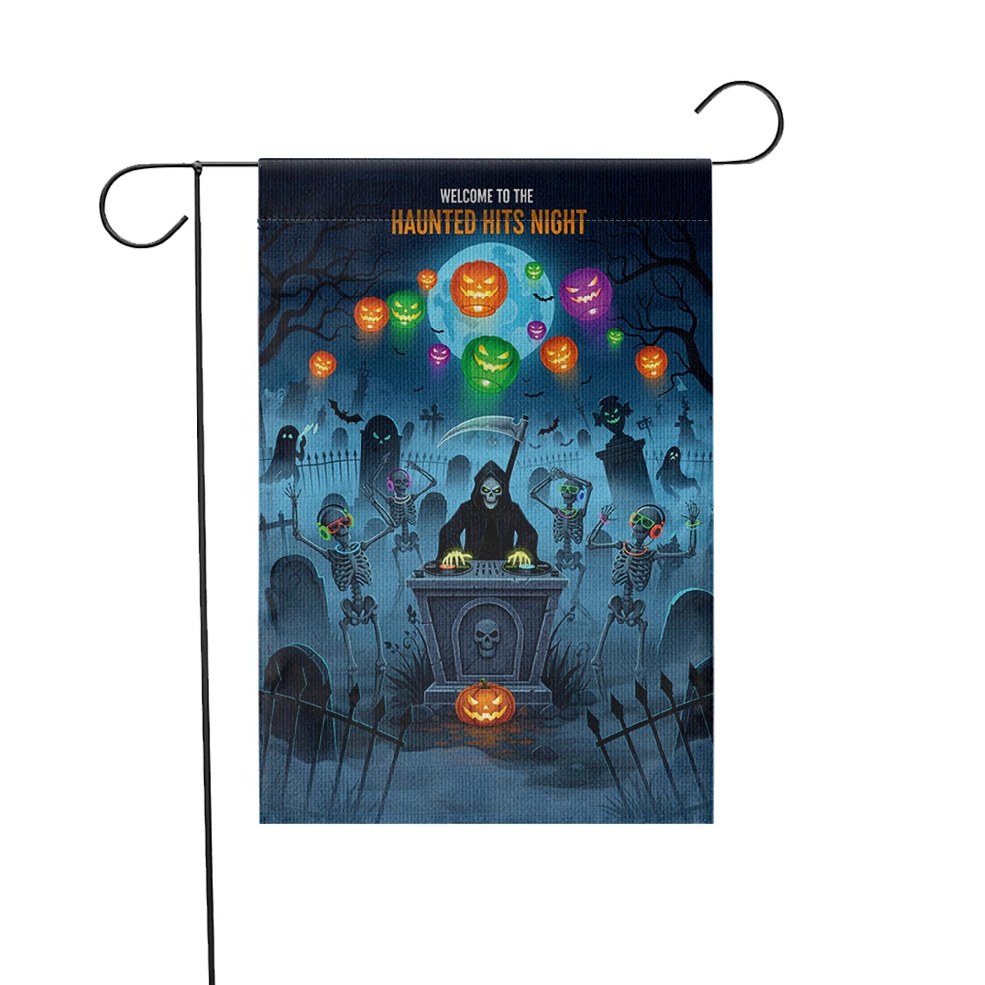Halloween Garden Flag - Haunted Hits Night Yard Decor with Dancing Skeletons & Grim Reaper - Spooky Outdoor Decoration for Halloween Party