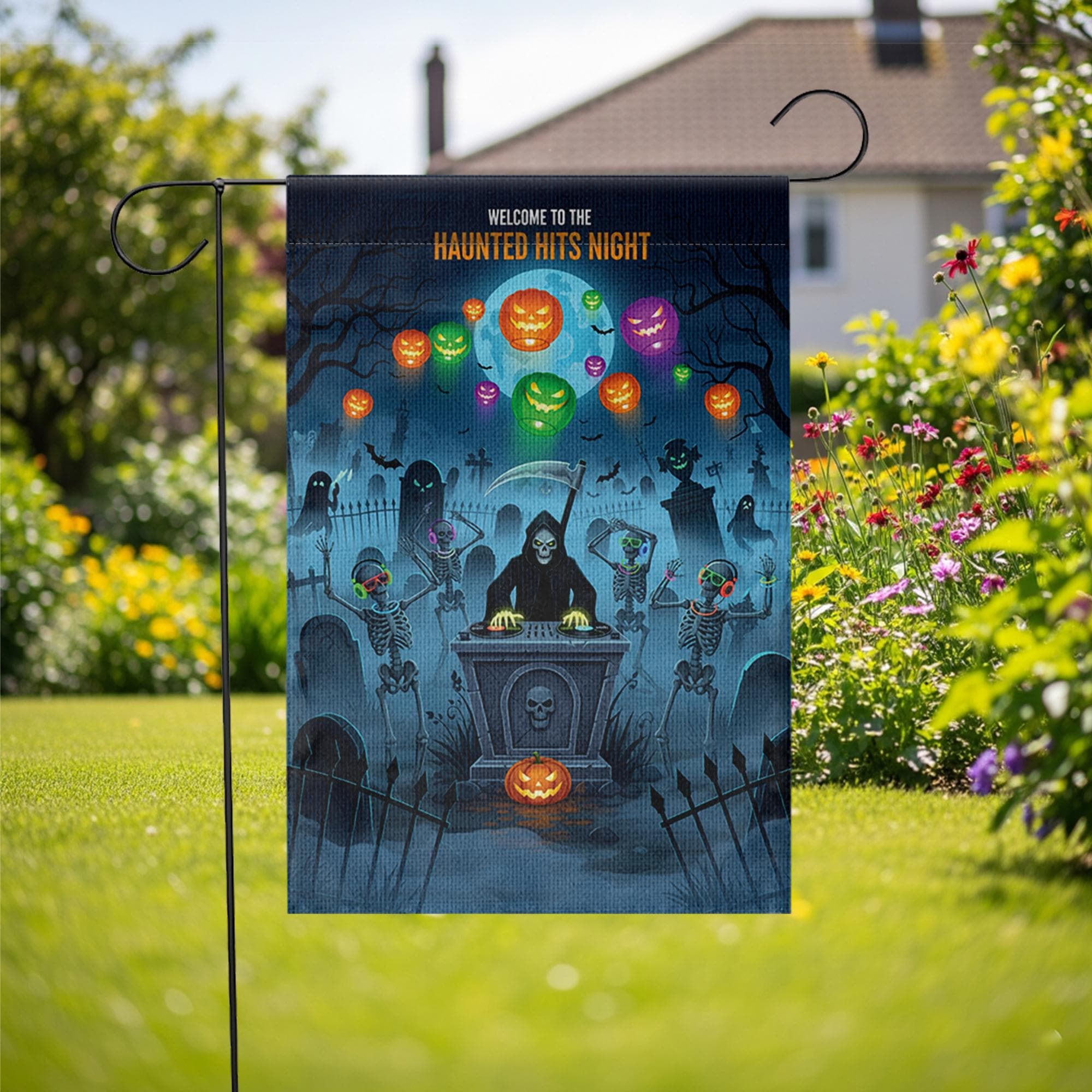 Halloween Garden Flag - Haunted Hits Night Yard Decor with Dancing Skeletons & Grim Reaper - Spooky Outdoor Decoration for Halloween Party