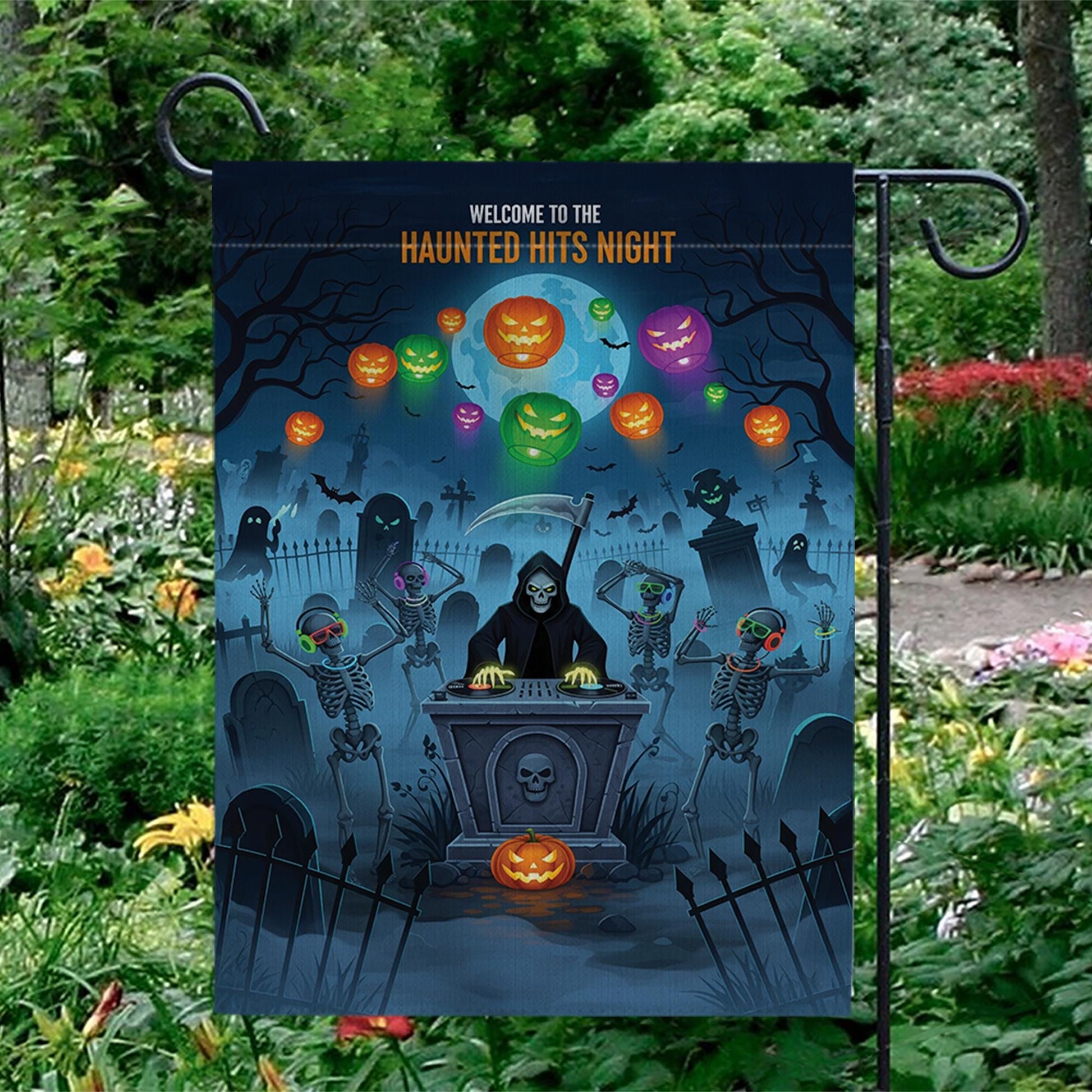 Halloween Garden Flag - Haunted Hits Night Yard Decor with Dancing Skeletons & Grim Reaper - Spooky Outdoor Decoration for Halloween Party