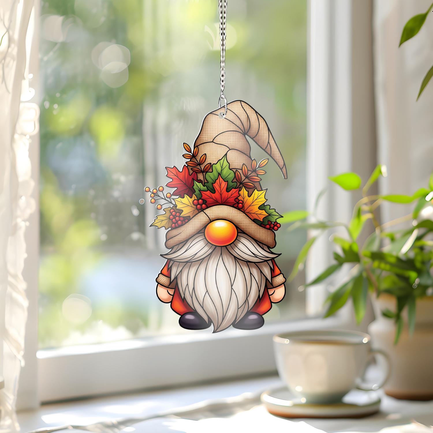 Autumn Gnome Window Hanging – Fall Leaves Sun Catcher Decor, Cute Gnome Suncatcher for Thanksgiving, Autumn Harvest Home Gift