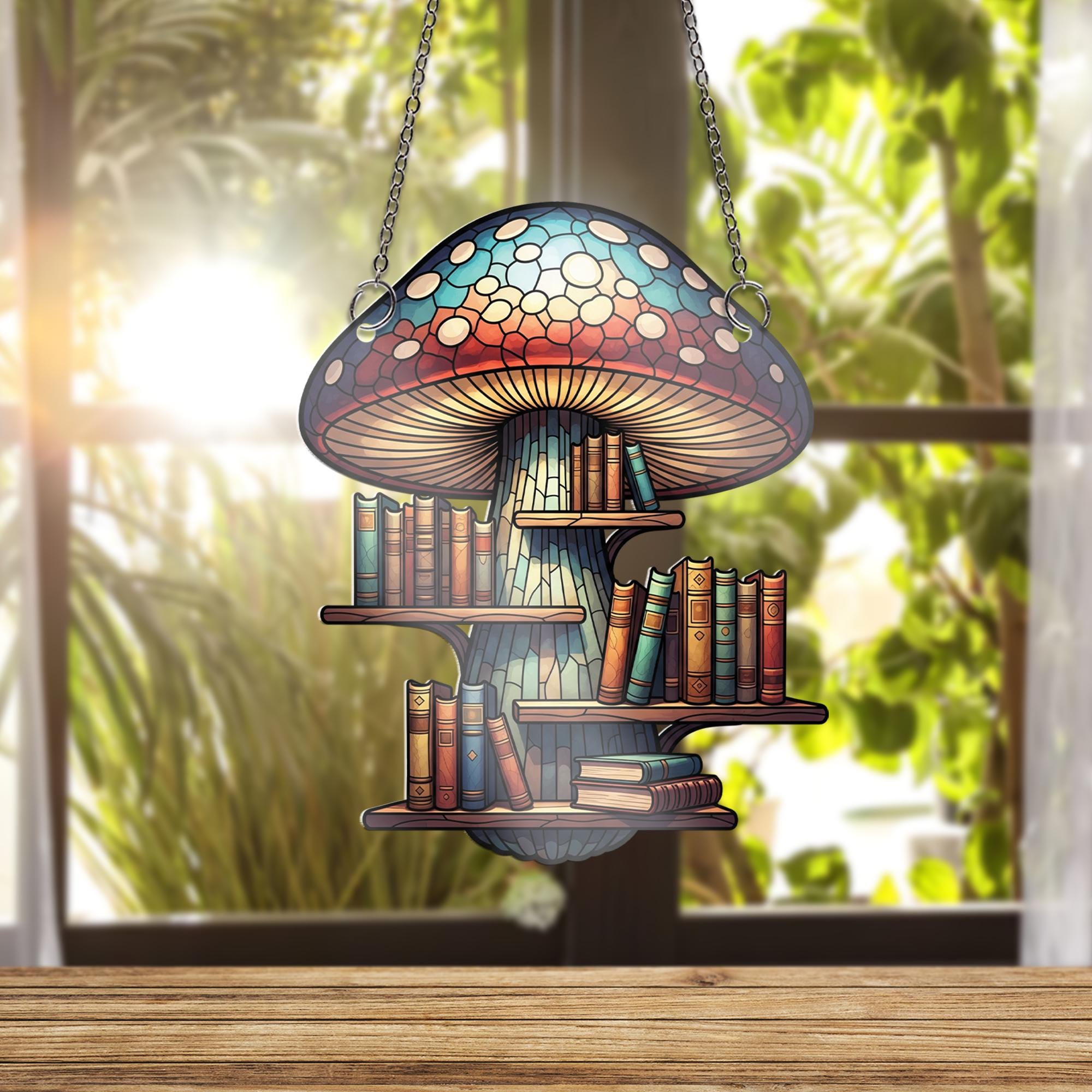 Mushroom Bookshelf Window Hanging – Stained Glass Book Lover Decor, Fantasy Library Suncatcher, Cottagecore Reading Gift