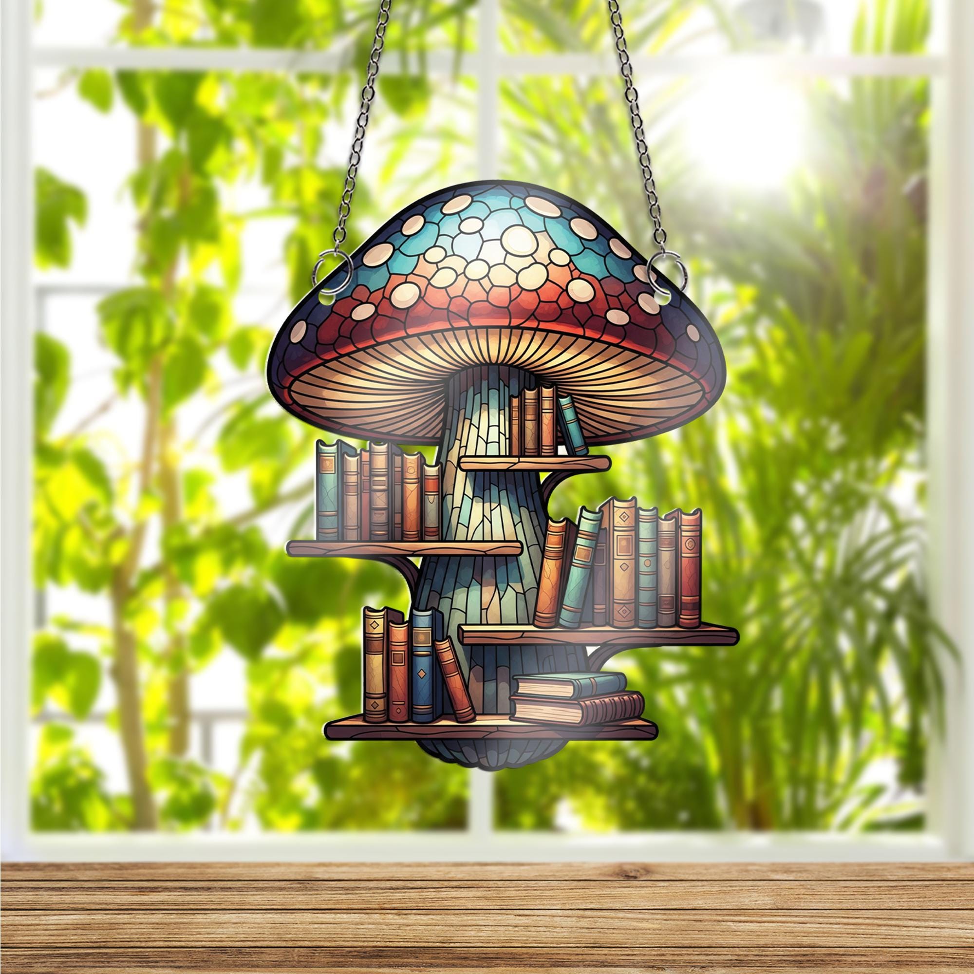Mushroom Bookshelf Window Hanging – Stained Glass Book Lover Decor, Fantasy Library Suncatcher, Cottagecore Reading Gift