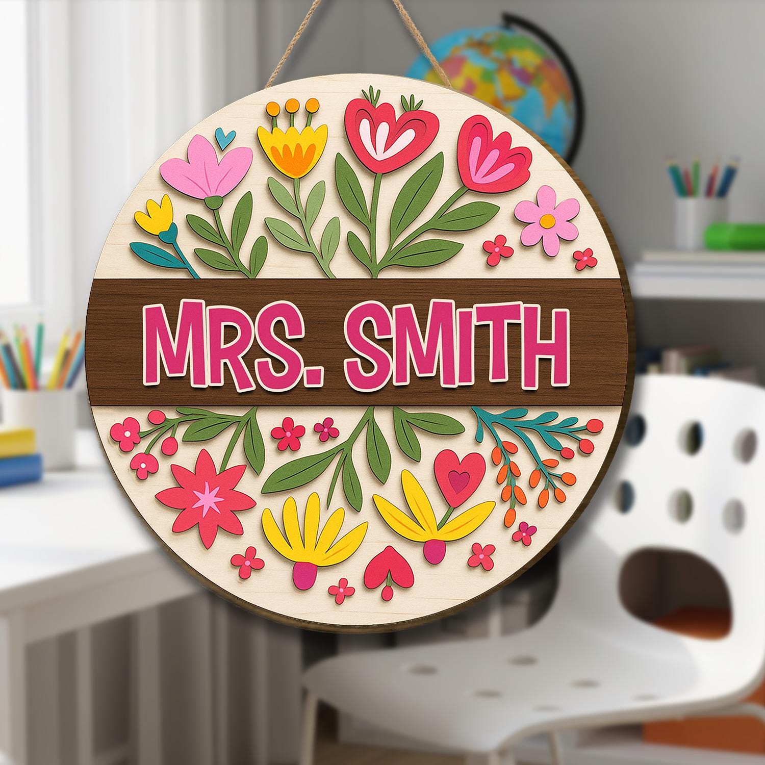 Custom Name Teacher Door Sign, Personalized Flower Teacher Door Hanger, Back To School Sign, Classroom Welcome Sign, Teachers Day Gifts Wood
