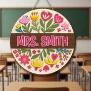 Custom Name Teacher Door Sign, Personalized Flower Teacher Door Hanger, Back To School Sign, Classroom Welcome Sign, Teachers Day Gifts Wood