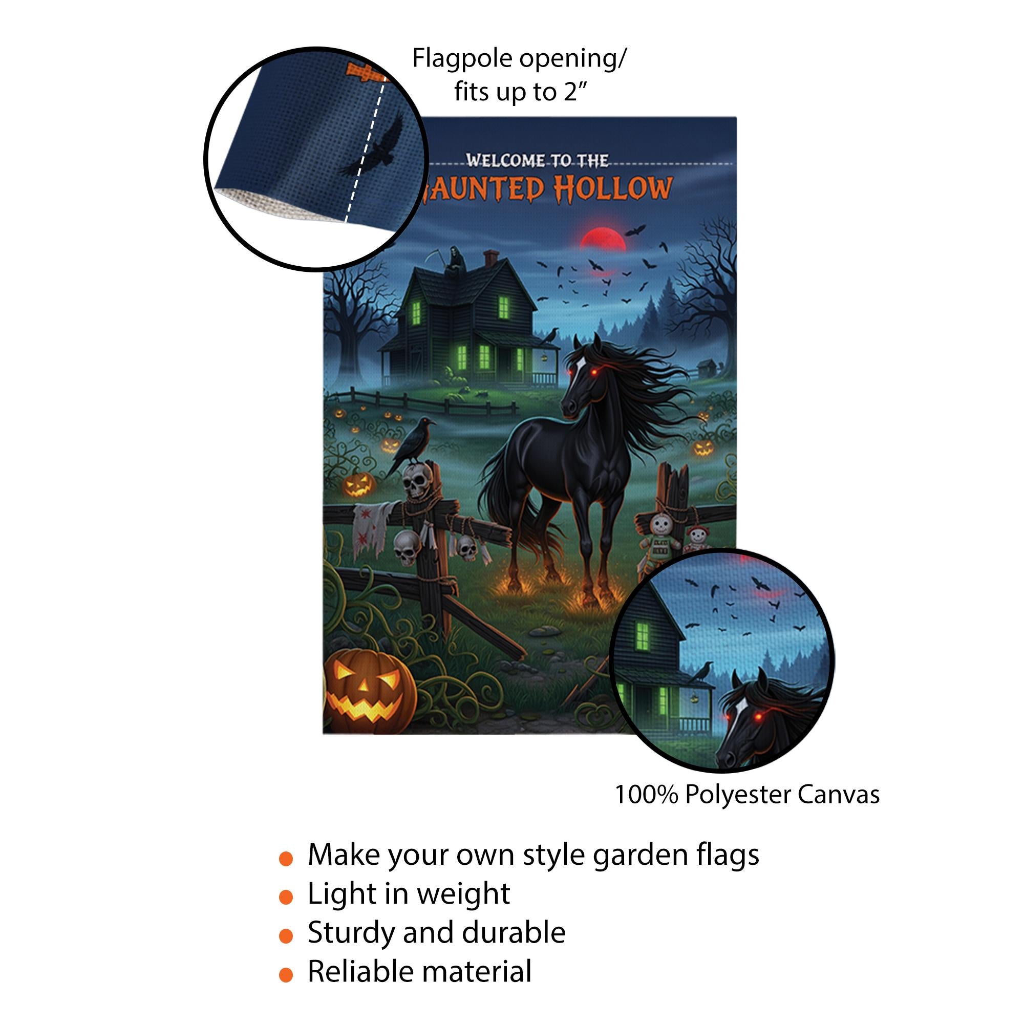 Haunted Hollow Garden Flag – Spooky Halloween Yard Decor with Black Horse, Haunted House & Pumpkins – Creepy Outdoor Decoration