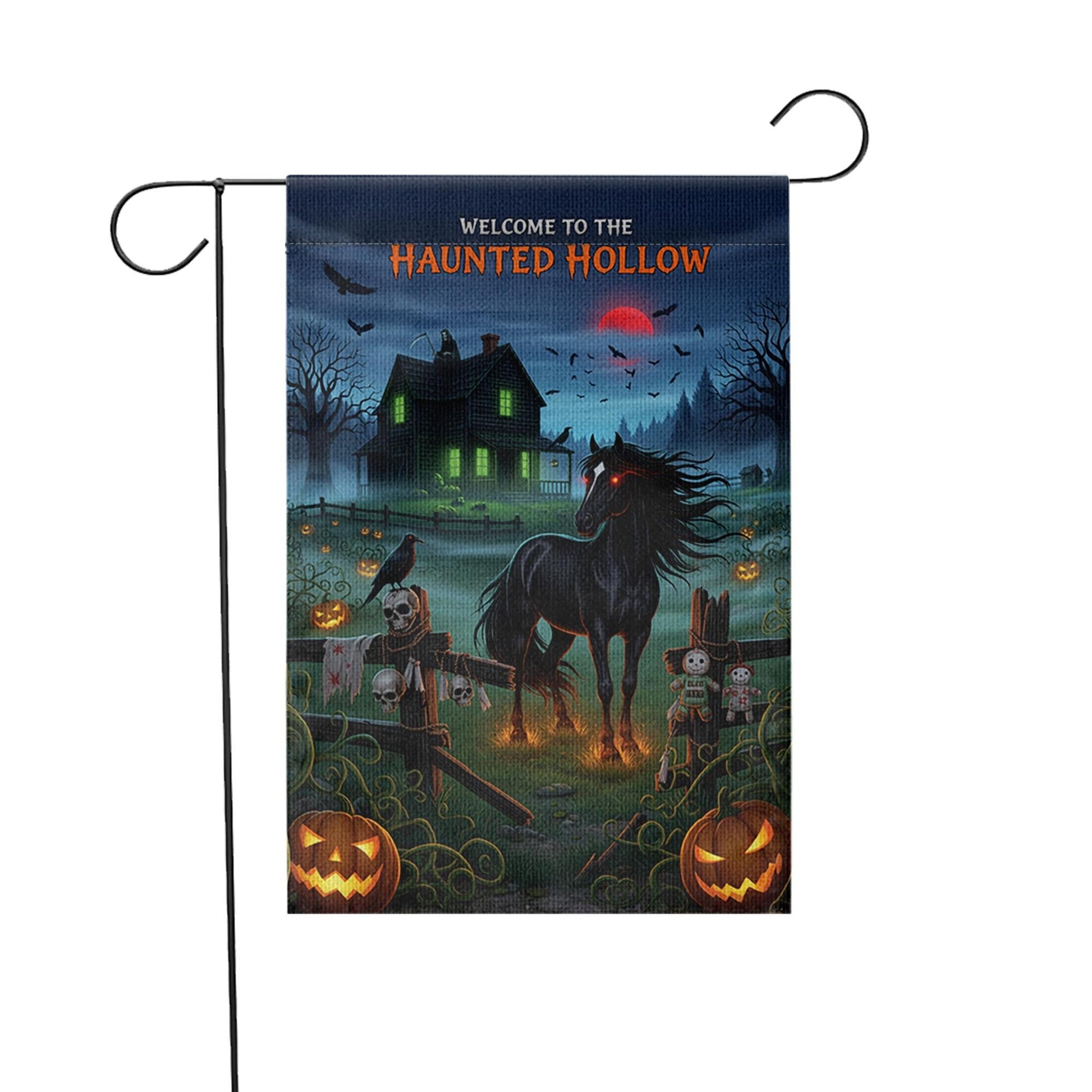 Haunted Hollow Garden Flag – Spooky Halloween Yard Decor with Black Horse, Haunted House & Pumpkins – Creepy Outdoor Decoration