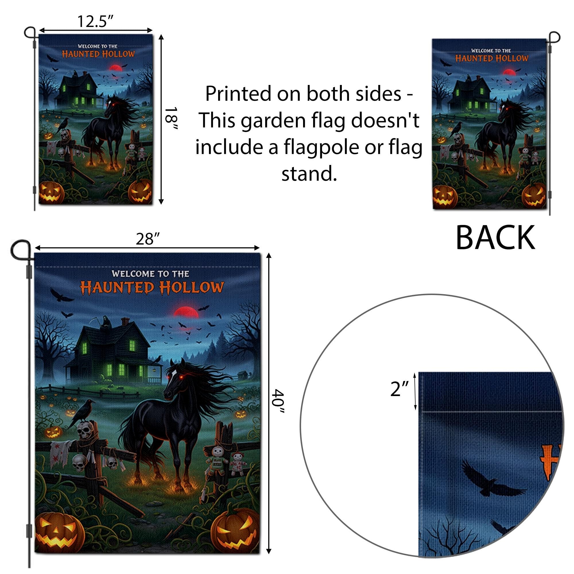 Haunted Hollow Garden Flag – Spooky Halloween Yard Decor with Black Horse, Haunted House & Pumpkins – Creepy Outdoor Decoration