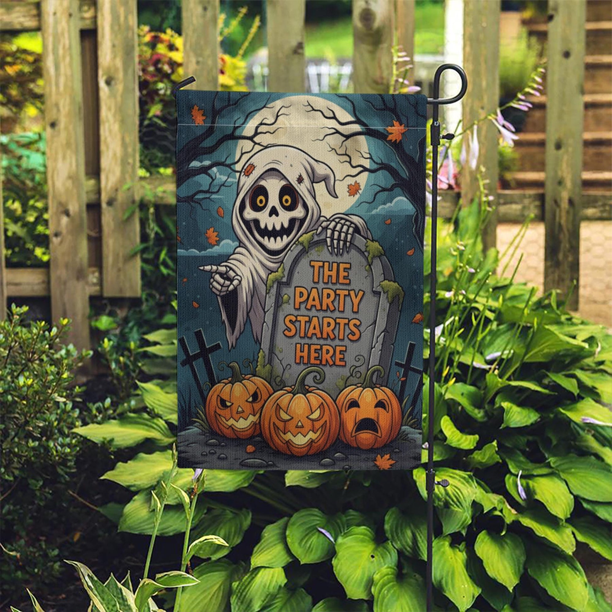 Halloween Garden Flag, Grim Reaper Yard Sign, Funny Halloween Decor, The Party Starts Here, Spooky Pumpkin Outdoor Flag