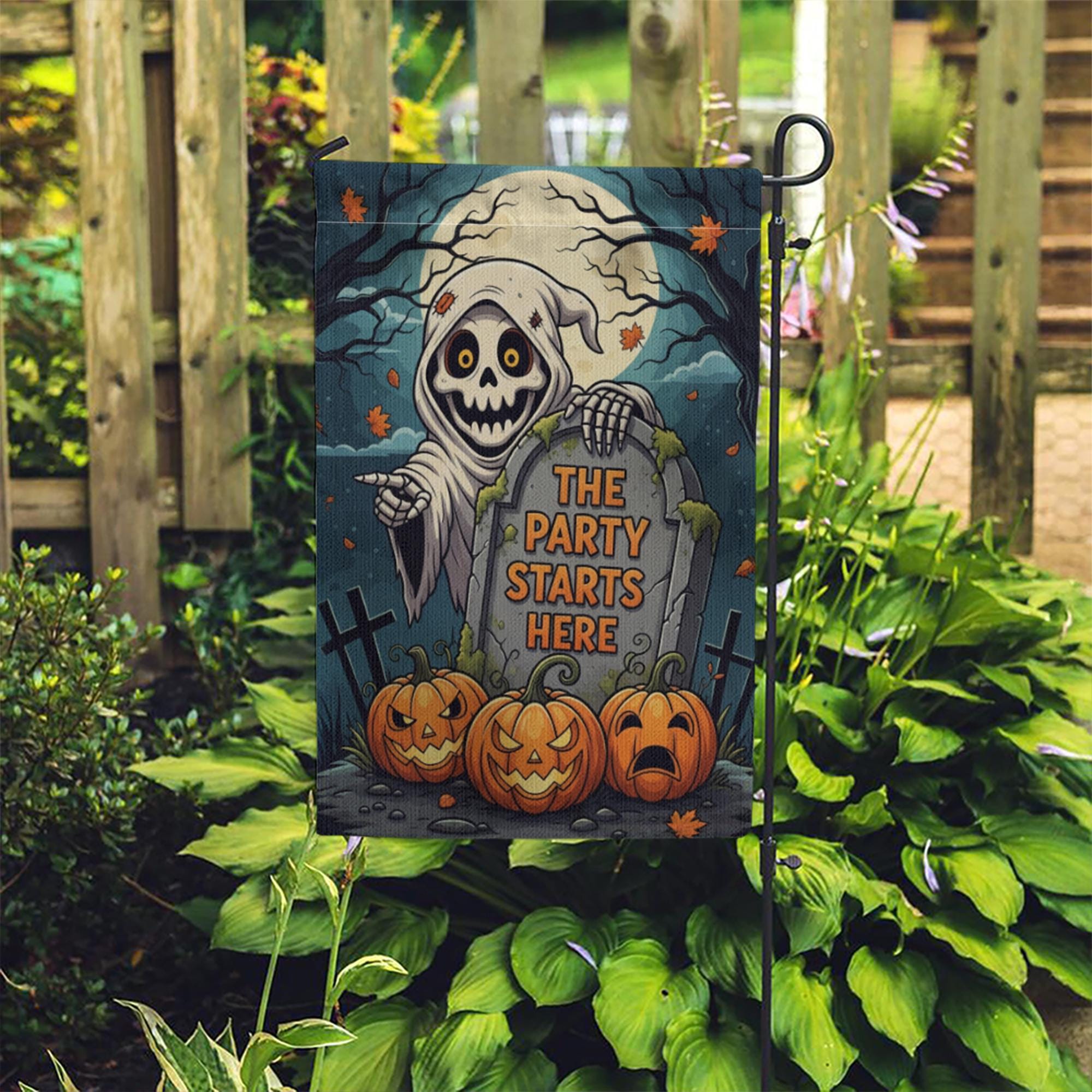 Halloween Garden Flag, Grim Reaper Yard Sign, Funny Halloween Decor, The Party Starts Here, Spooky Pumpkin Outdoor Flag