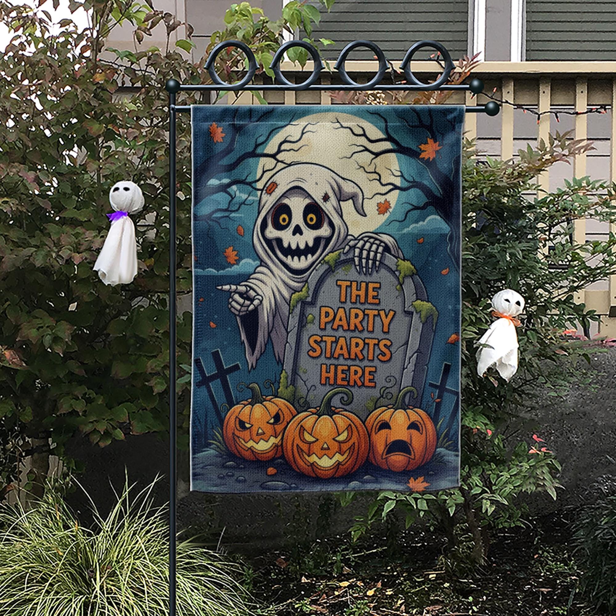 Halloween Garden Flag, Grim Reaper Yard Sign, Funny Halloween Decor, The Party Starts Here, Spooky Pumpkin Outdoor Flag