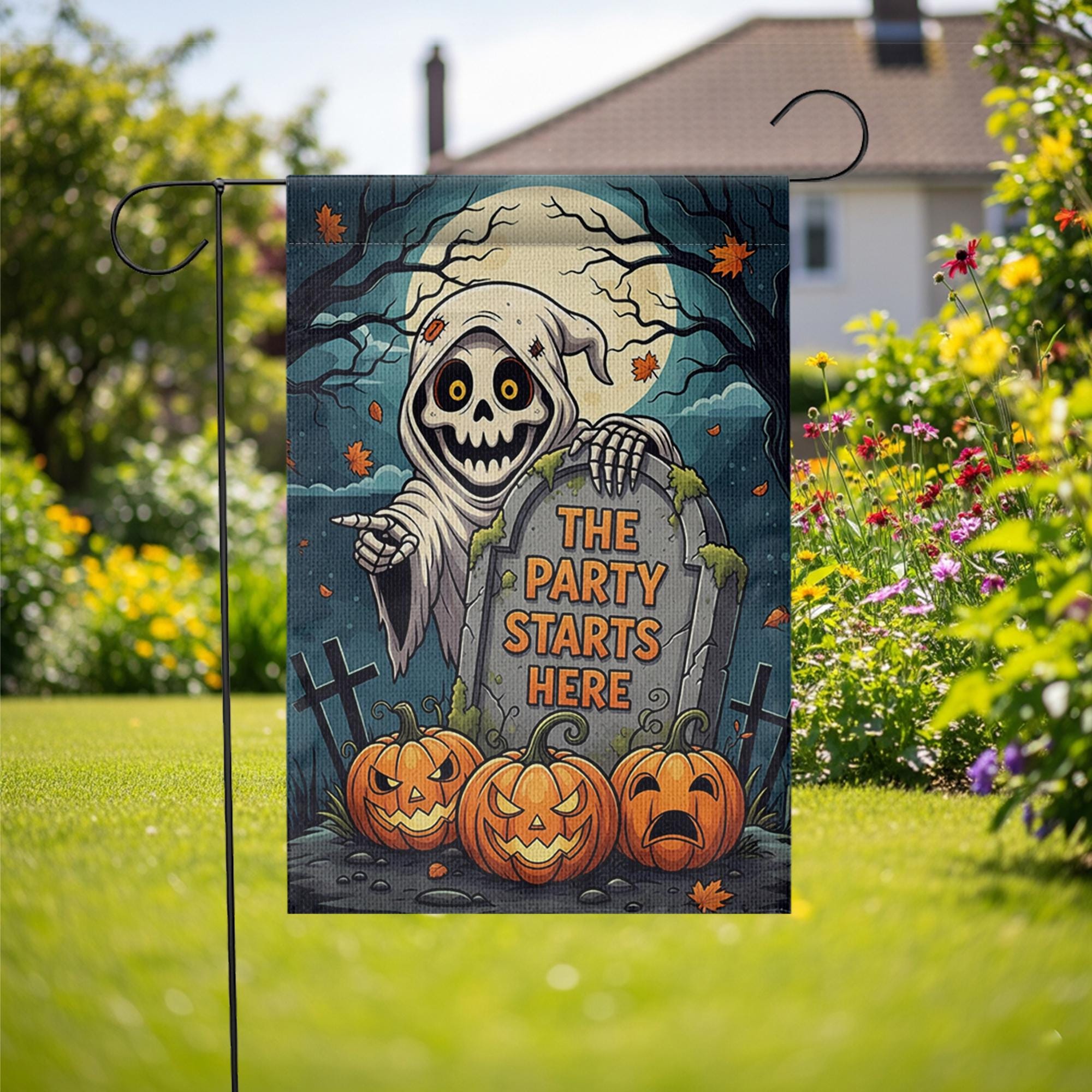 Halloween Garden Flag, Grim Reaper Yard Sign, Funny Halloween Decor, The Party Starts Here, Spooky Pumpkin Outdoor Flag