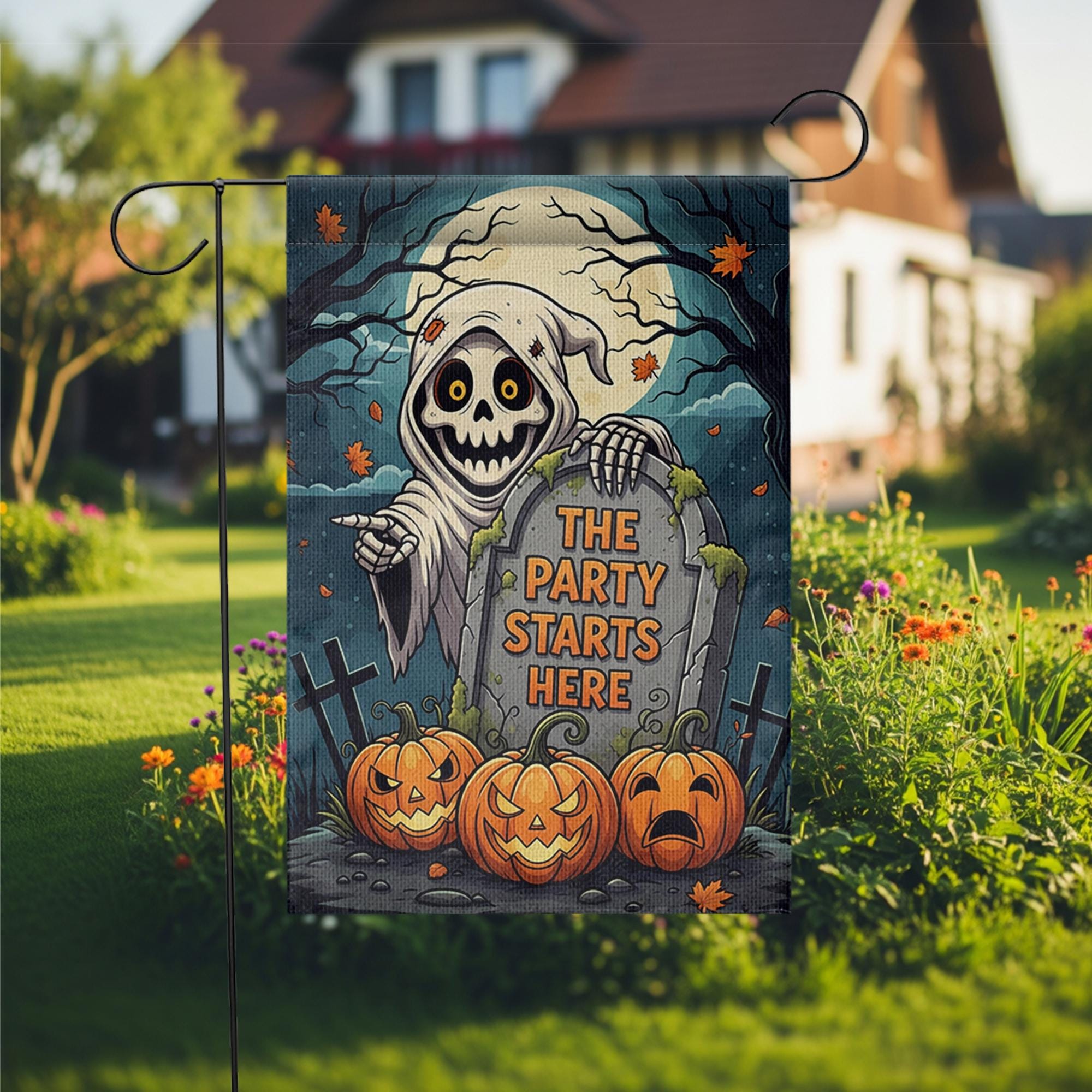 Halloween Garden Flag, Grim Reaper Yard Sign, Funny Halloween Decor, The Party Starts Here, Spooky Pumpkin Outdoor Flag