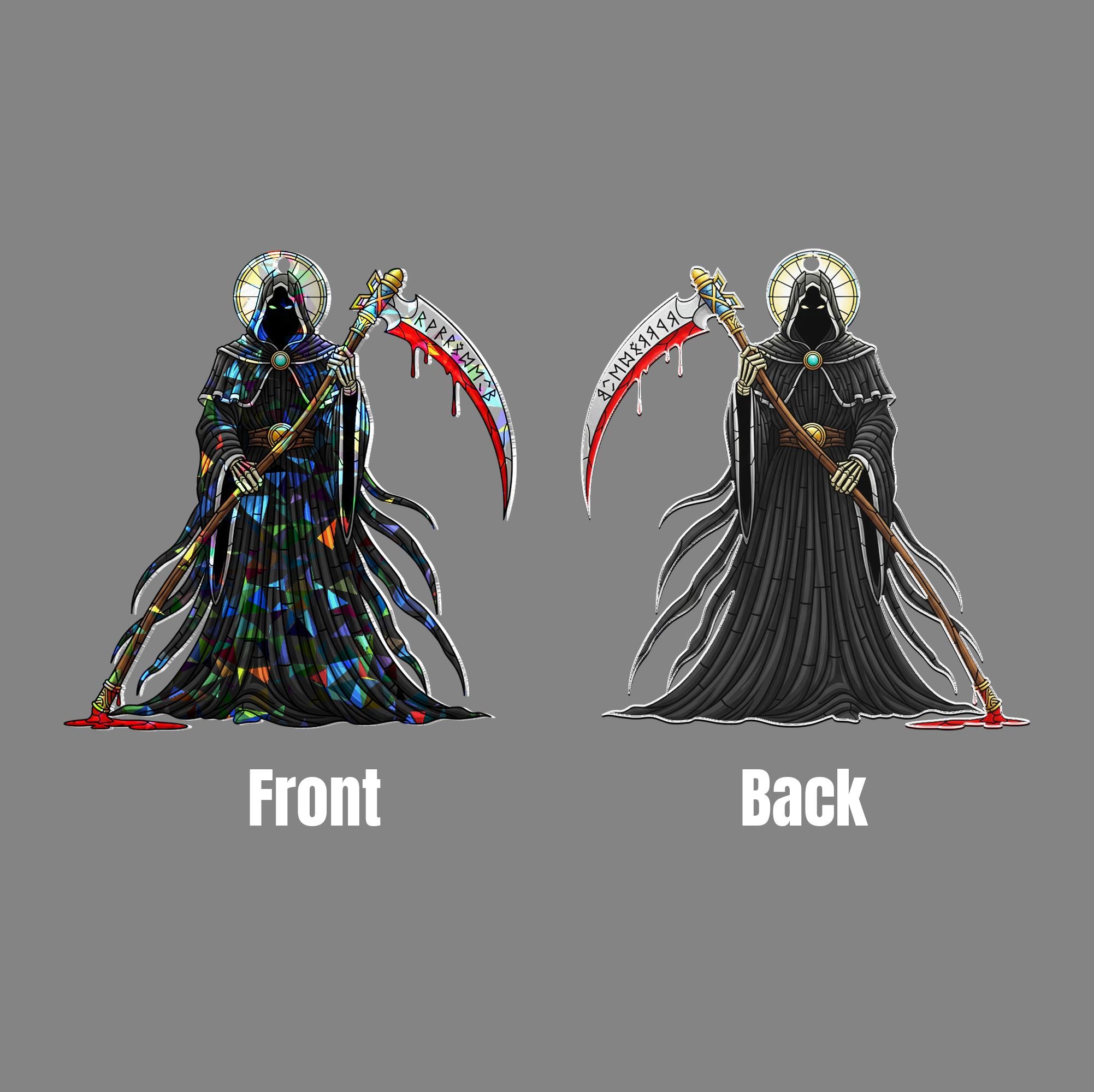 Grim Reaper Stained Glass Suncatcher – Gothic Halloween Window Hanging Decor – Creepy Scythe Skeleton Sun Catcher Ornament
