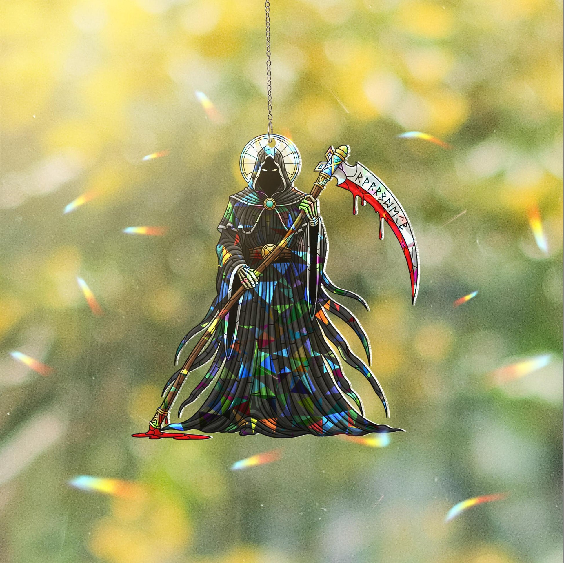 Grim Reaper Stained Glass Suncatcher – Gothic Halloween Window Hanging Decor – Creepy Scythe Skeleton Sun Catcher Ornament