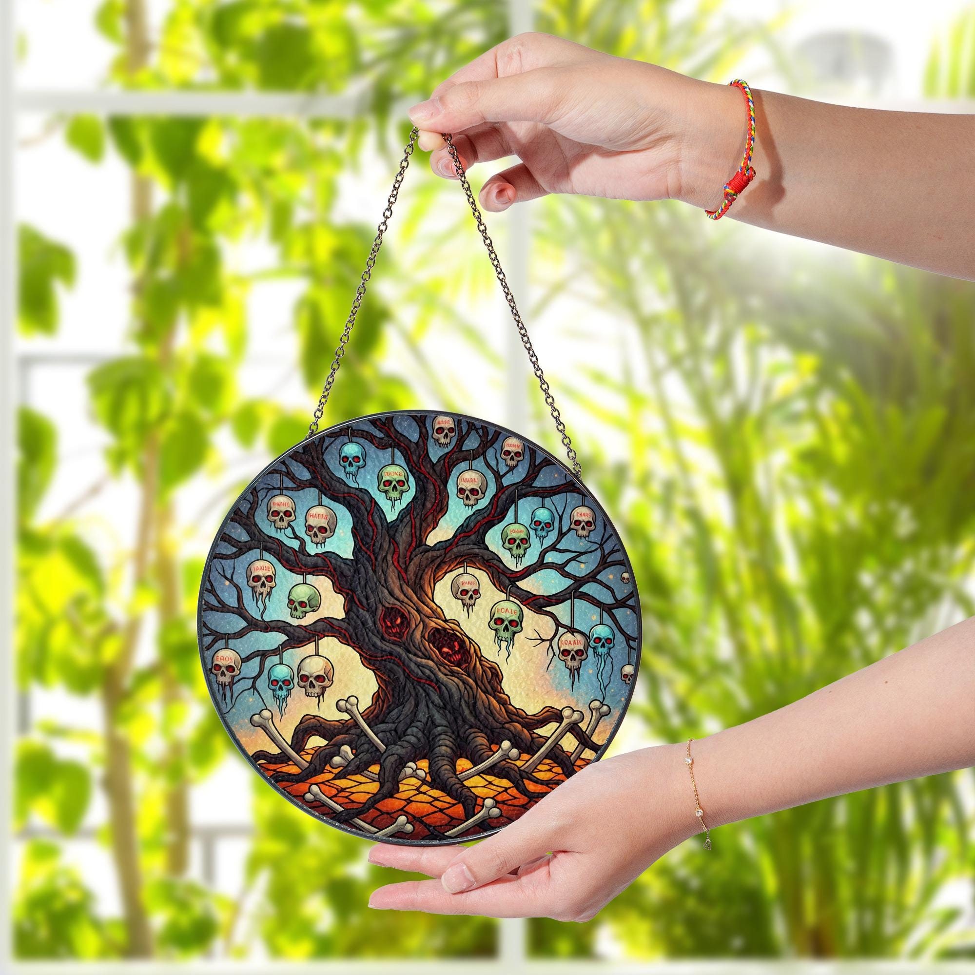 Skull Tree Stained Glass Suncatcher – Gothic Halloween Window Decor – Creepy Tree of Bones Hanging Ornament for Spooky Vibes