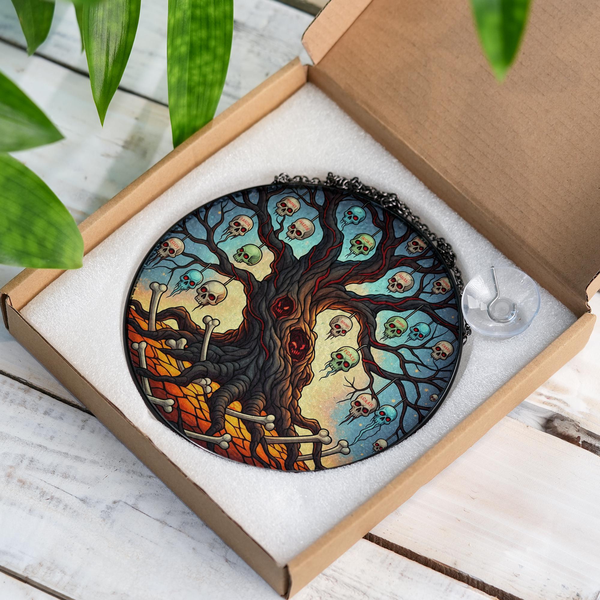 Skull Tree Stained Glass Suncatcher – Gothic Halloween Window Decor – Creepy Tree of Bones Hanging Ornament for Spooky Vibes