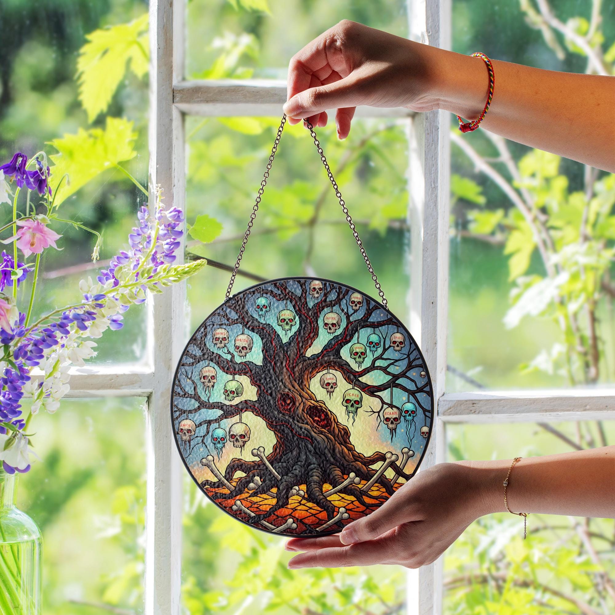 Skull Tree Stained Glass Suncatcher – Gothic Halloween Window Decor – Creepy Tree of Bones Hanging Ornament for Spooky Vibes