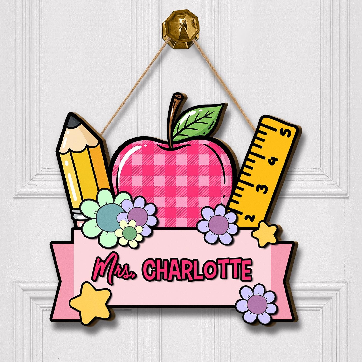 Personalized Teacher Door Sign – Cute Apple Pencil Ruler Design with Name, Classroom Decor for Back to School or Teacher Appreciation