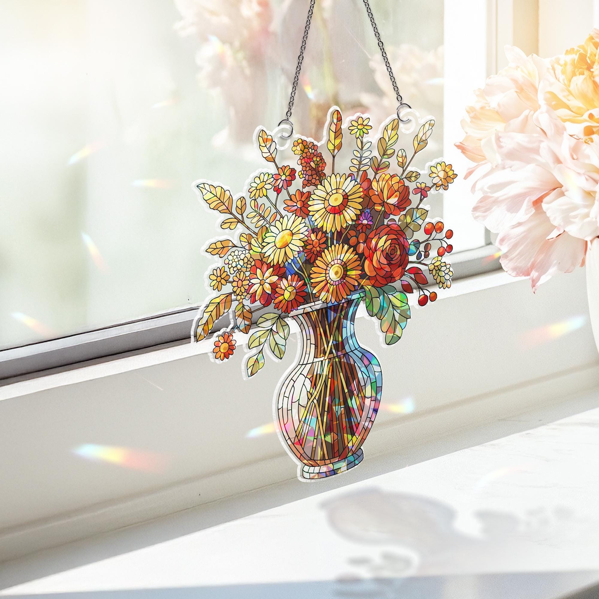 Faux Stained Glass Vase Floral Window Hanging – Colorful Wildflower Hologram Suncatcher, Spring Summer Home Decor, Cottagecore Gift