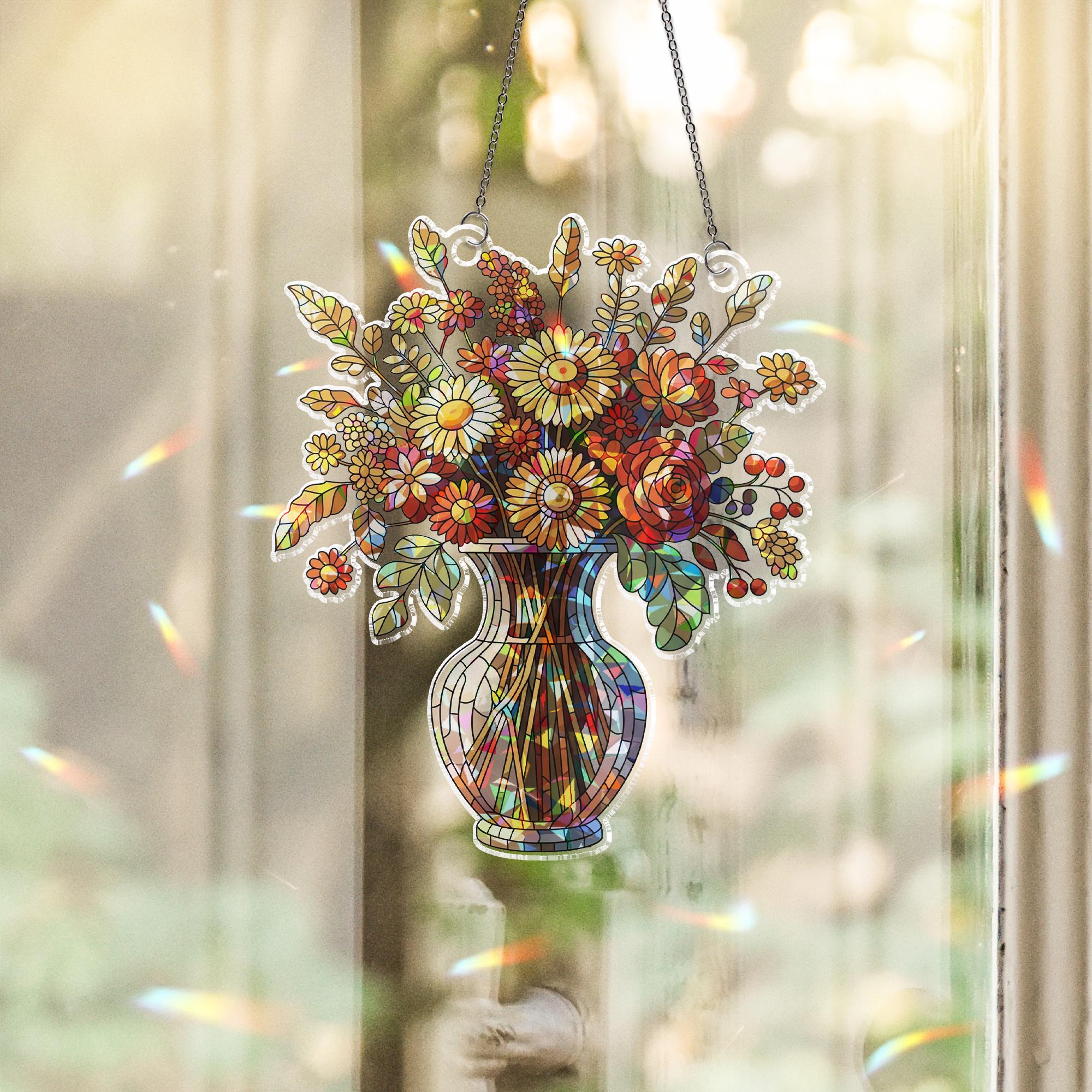 Faux Stained Glass Vase Floral Window Hanging – Colorful Wildflower Hologram Suncatcher, Spring Summer Home Decor, Cottagecore Gift