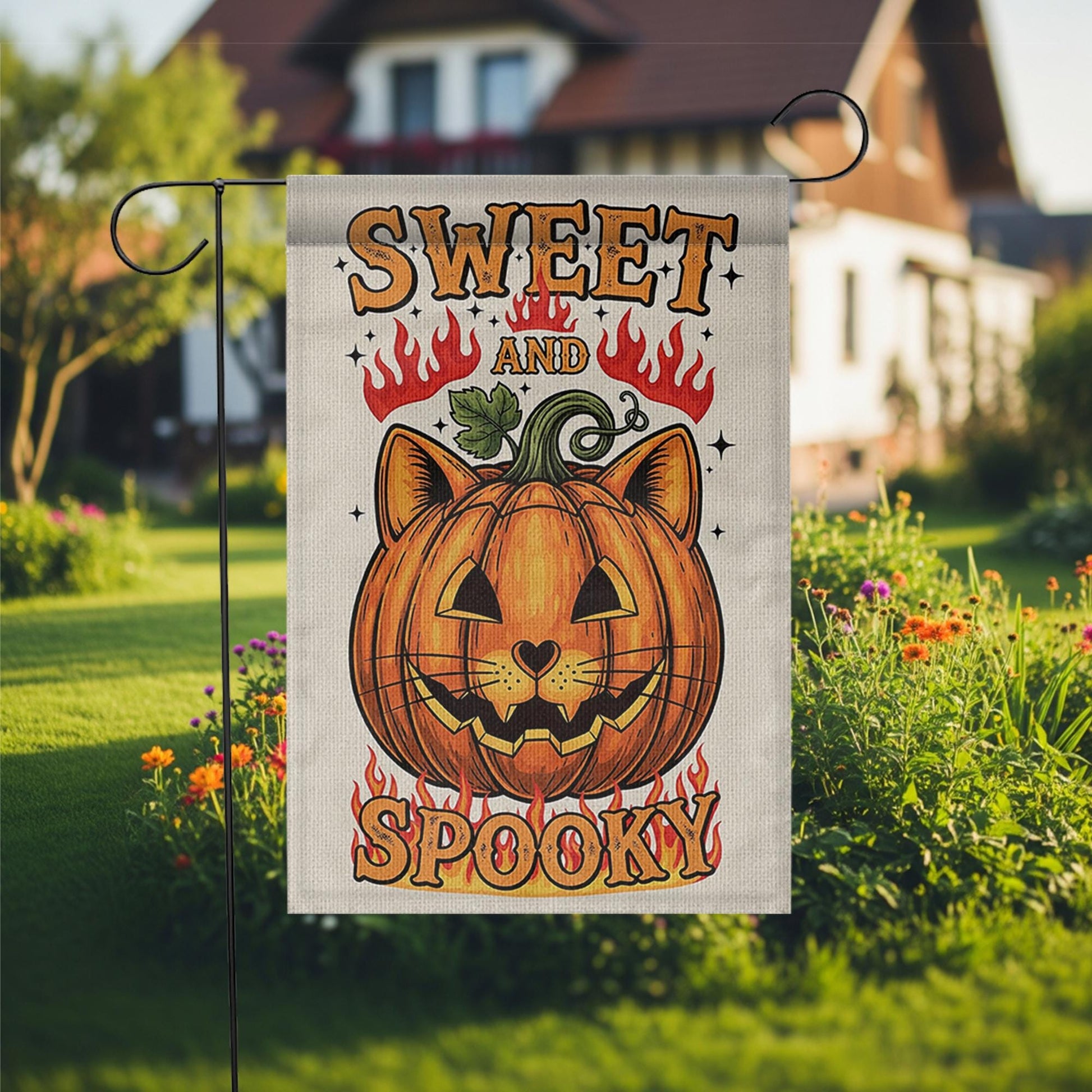 Sweet and Spooky Garden Flag, Halloween Cat Pumpkin Yard Decor, Cute Spooky Fall Outdoor Flag, Trick or Treat Sign
