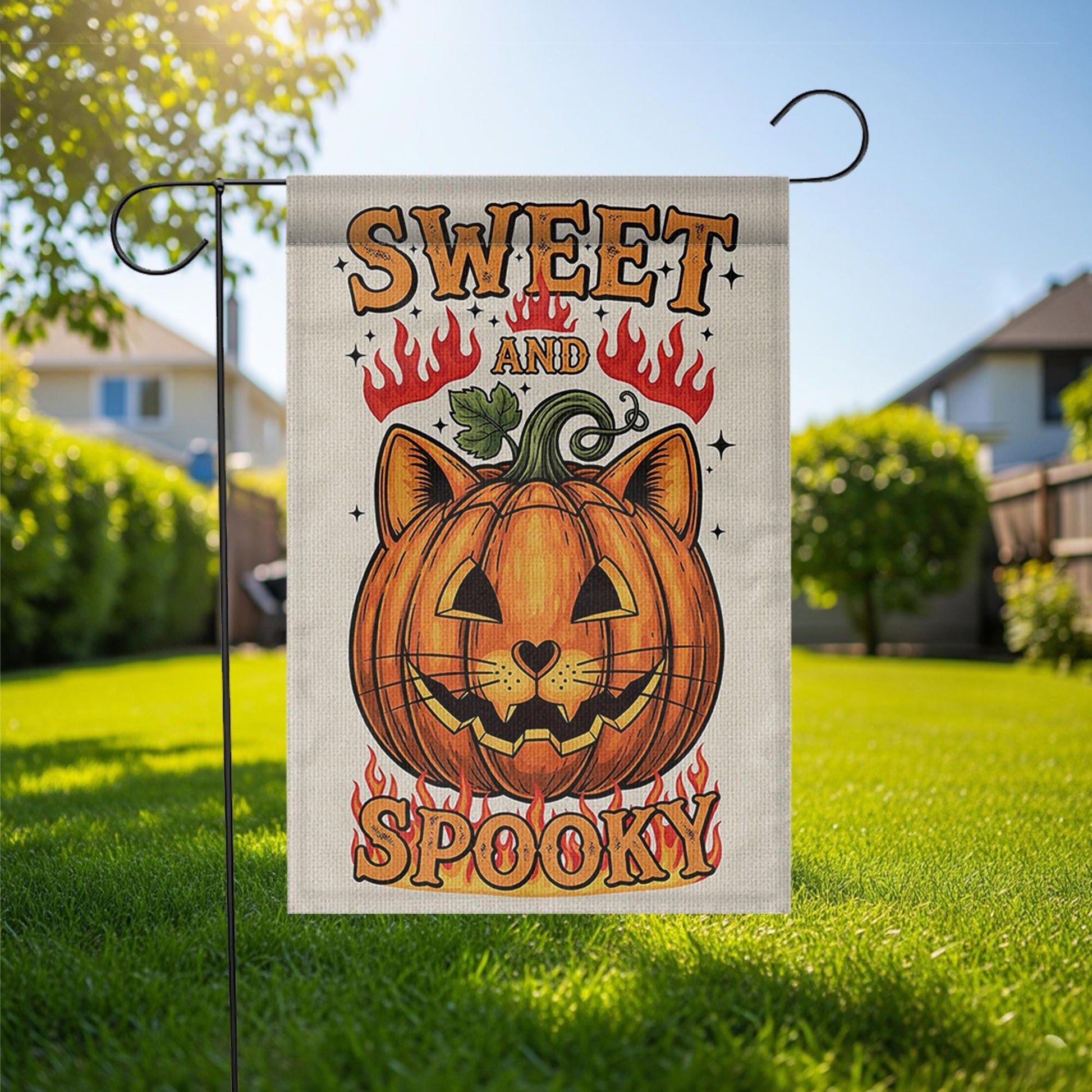 Sweet and Spooky Garden Flag, Halloween Cat Pumpkin Yard Decor, Cute Spooky Fall Outdoor Flag, Trick or Treat Sign