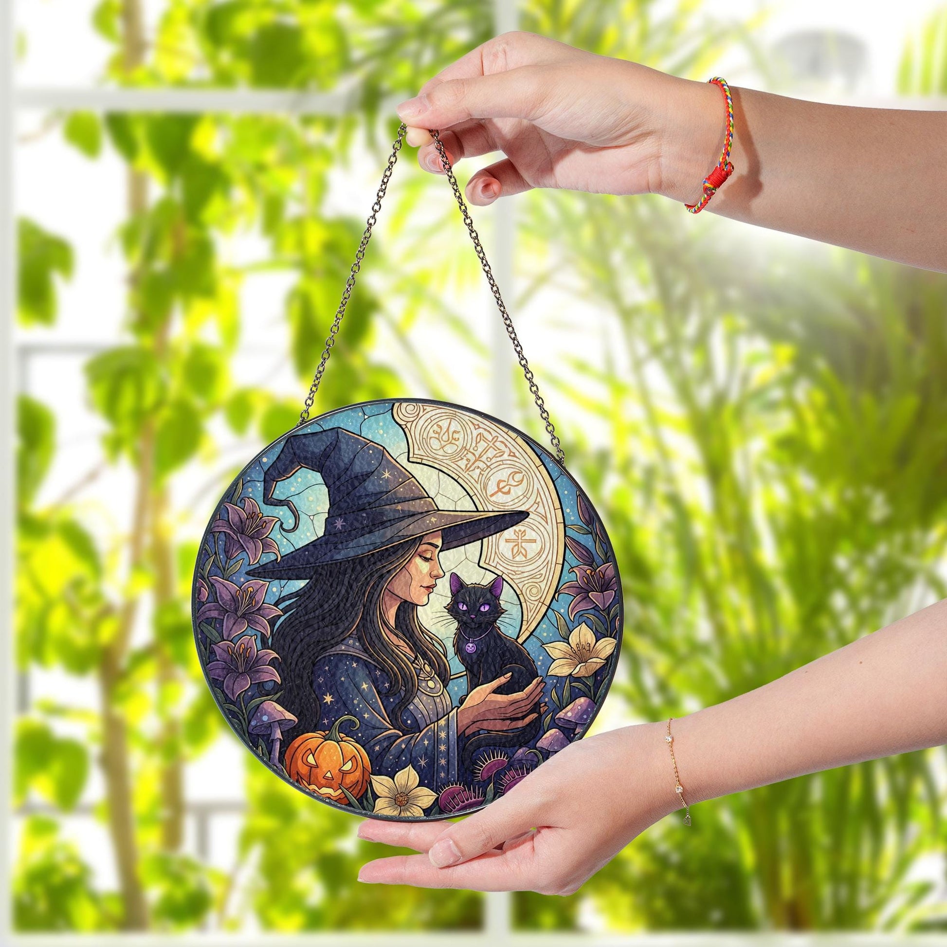 Witch and Black Cat Stained Glass Suncatcher – Gothic Halloween Window Decor – Wiccan Witchy Art Panel for Fall Home