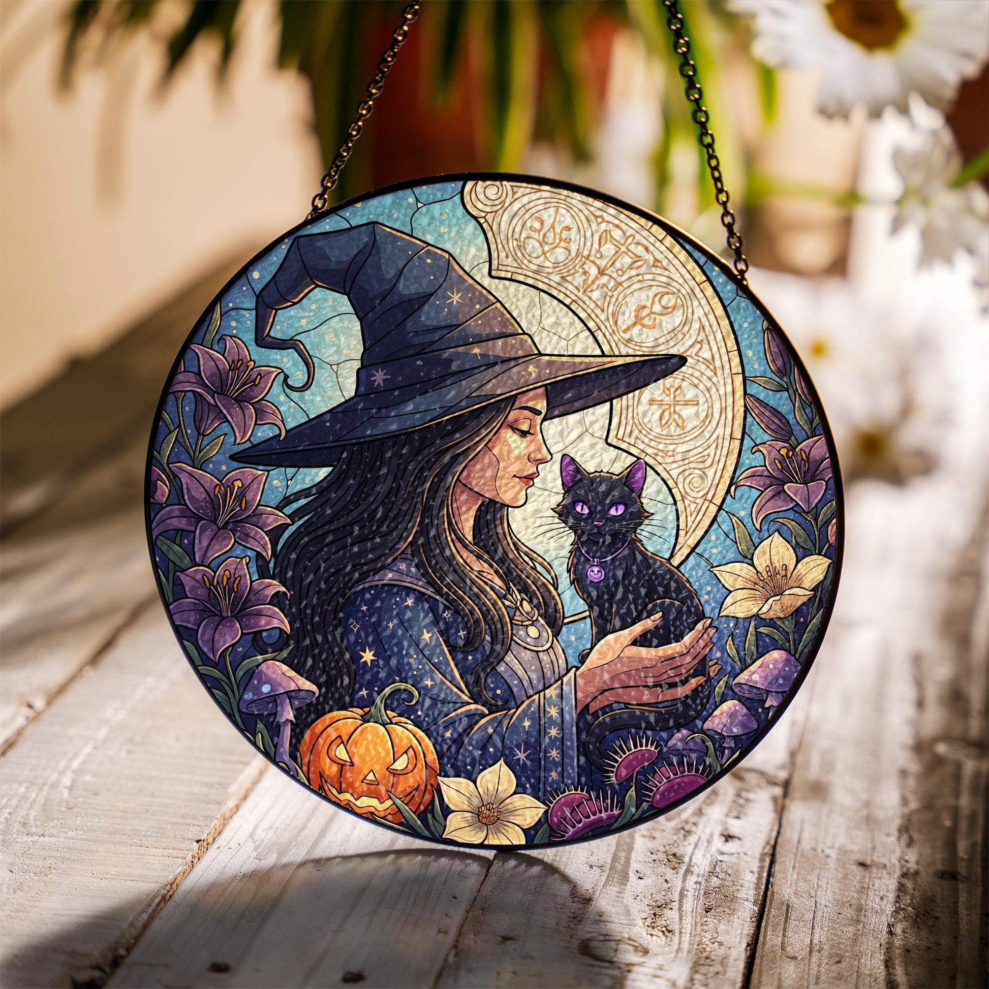 Witch and Black Cat Stained Glass Suncatcher – Gothic Halloween Window Decor – Wiccan Witchy Art Panel for Fall Home