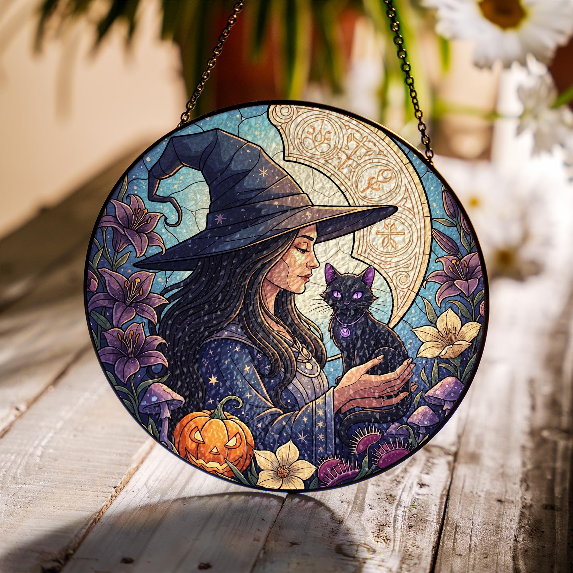 Witch and Black Cat Stained Glass Suncatcher – Gothic Halloween Window Decor – Wiccan Witchy Art Panel for Fall Home