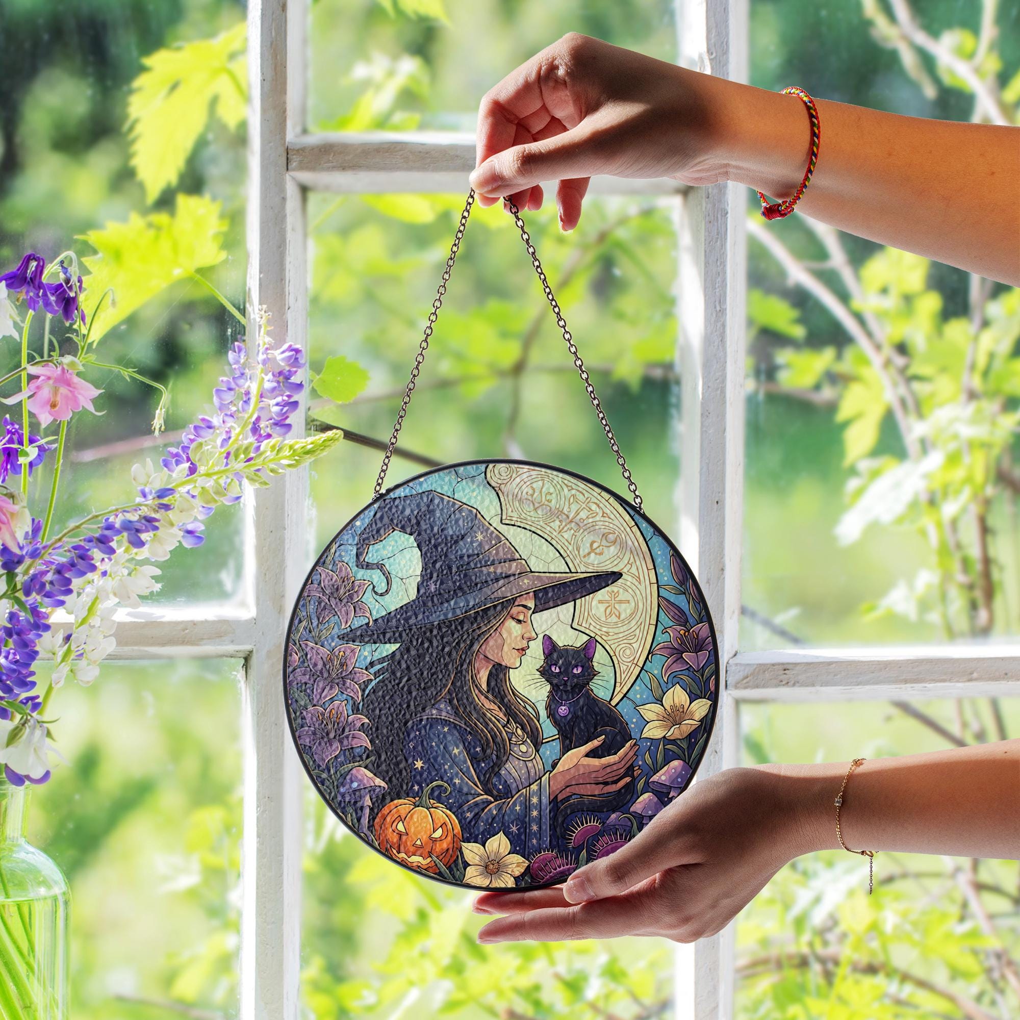 Witch and Black Cat Stained Glass Suncatcher – Gothic Halloween Window Decor – Wiccan Witchy Art Panel for Fall Home