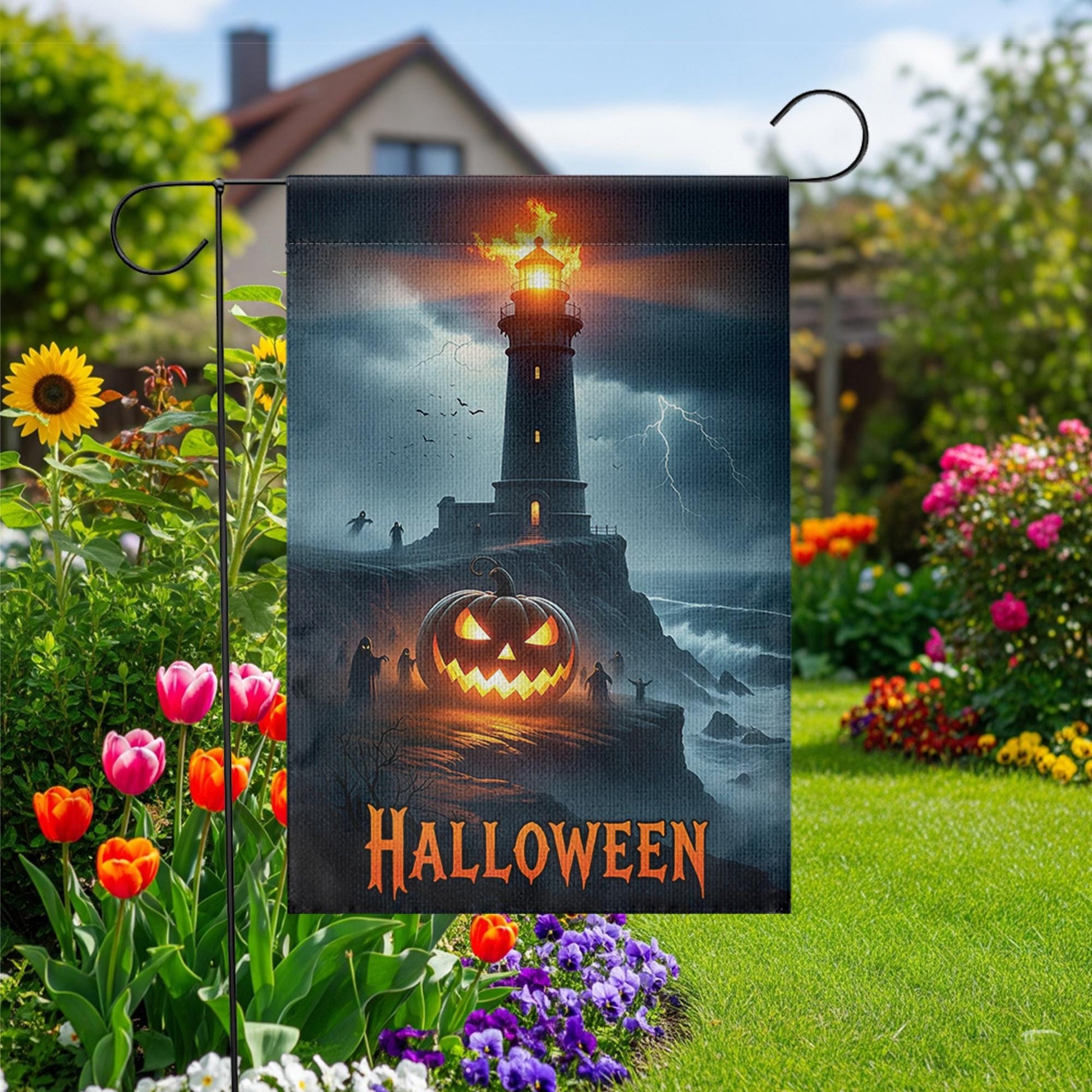 Halloween Lighthouse Garden Flag, Spooky Coastal Decor, Jack O Lantern Yard Flag, Haunted Sea Halloween Outdoor Sign
