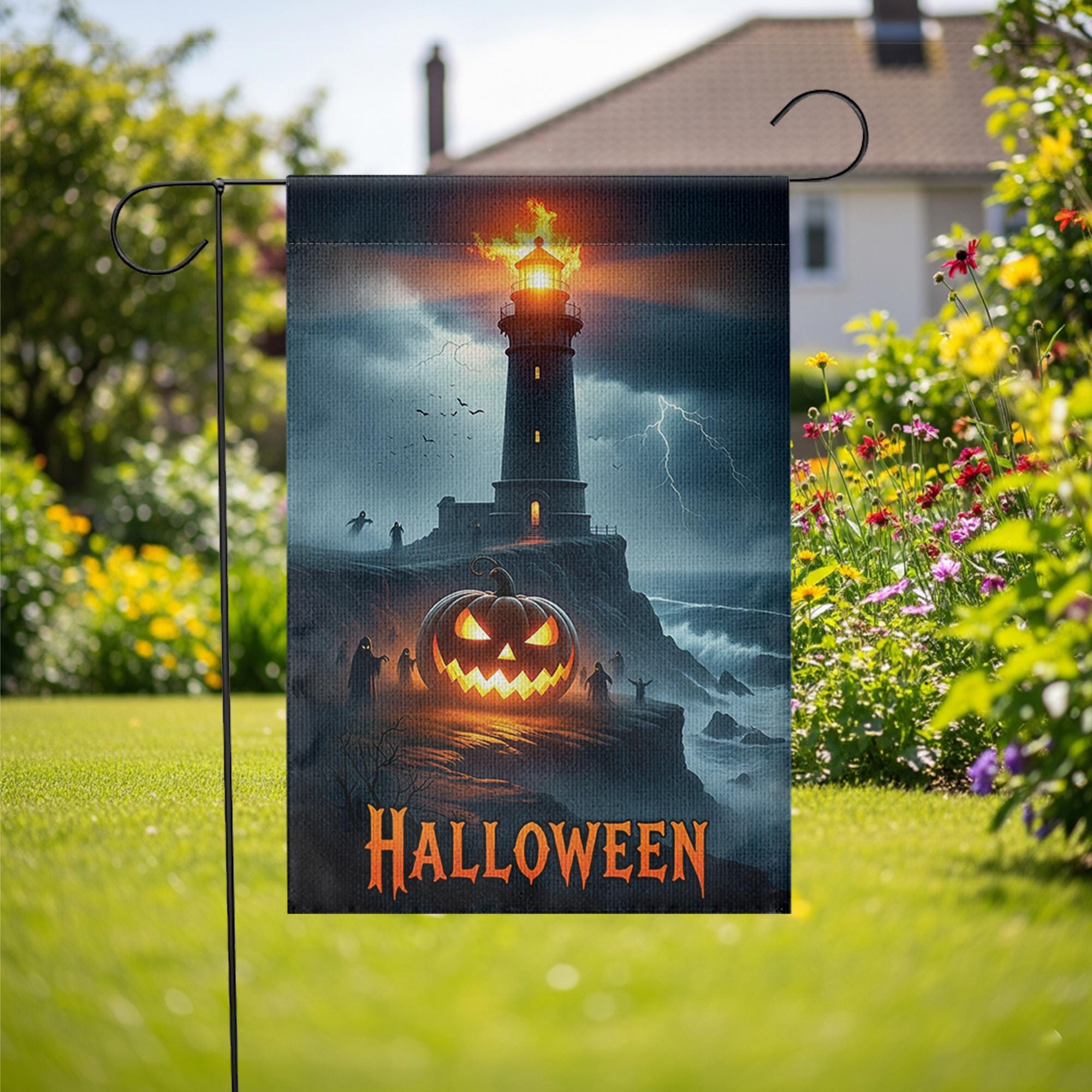 Halloween Lighthouse Garden Flag, Spooky Coastal Decor, Jack O Lantern Yard Flag, Haunted Sea Halloween Outdoor Sign