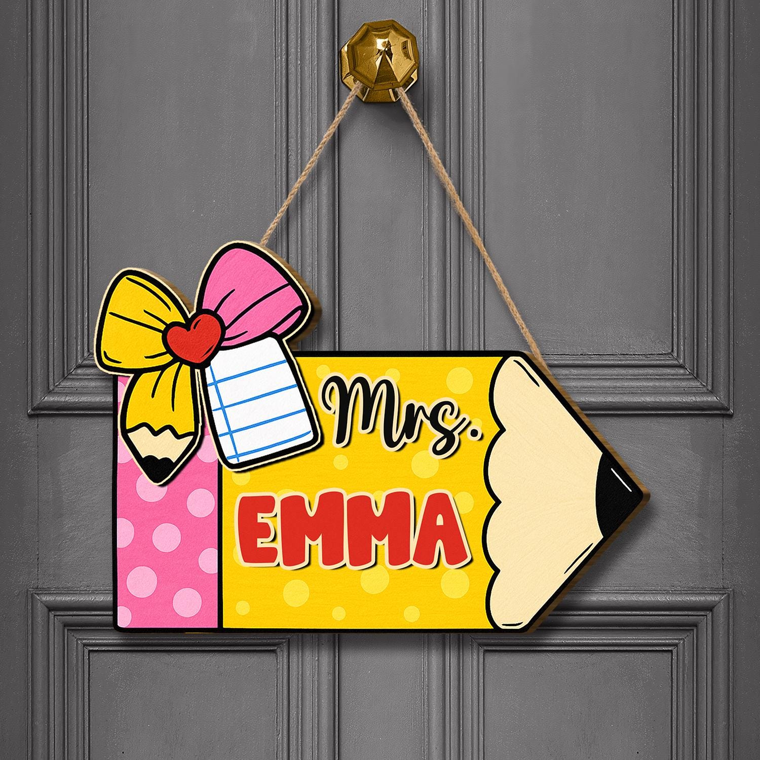 Personalized Pencil Teacher Door Sign – Custom Name Pencil Classroom Sign with Bow, Cute Back to School Decor for Teachers, Educators, Staff