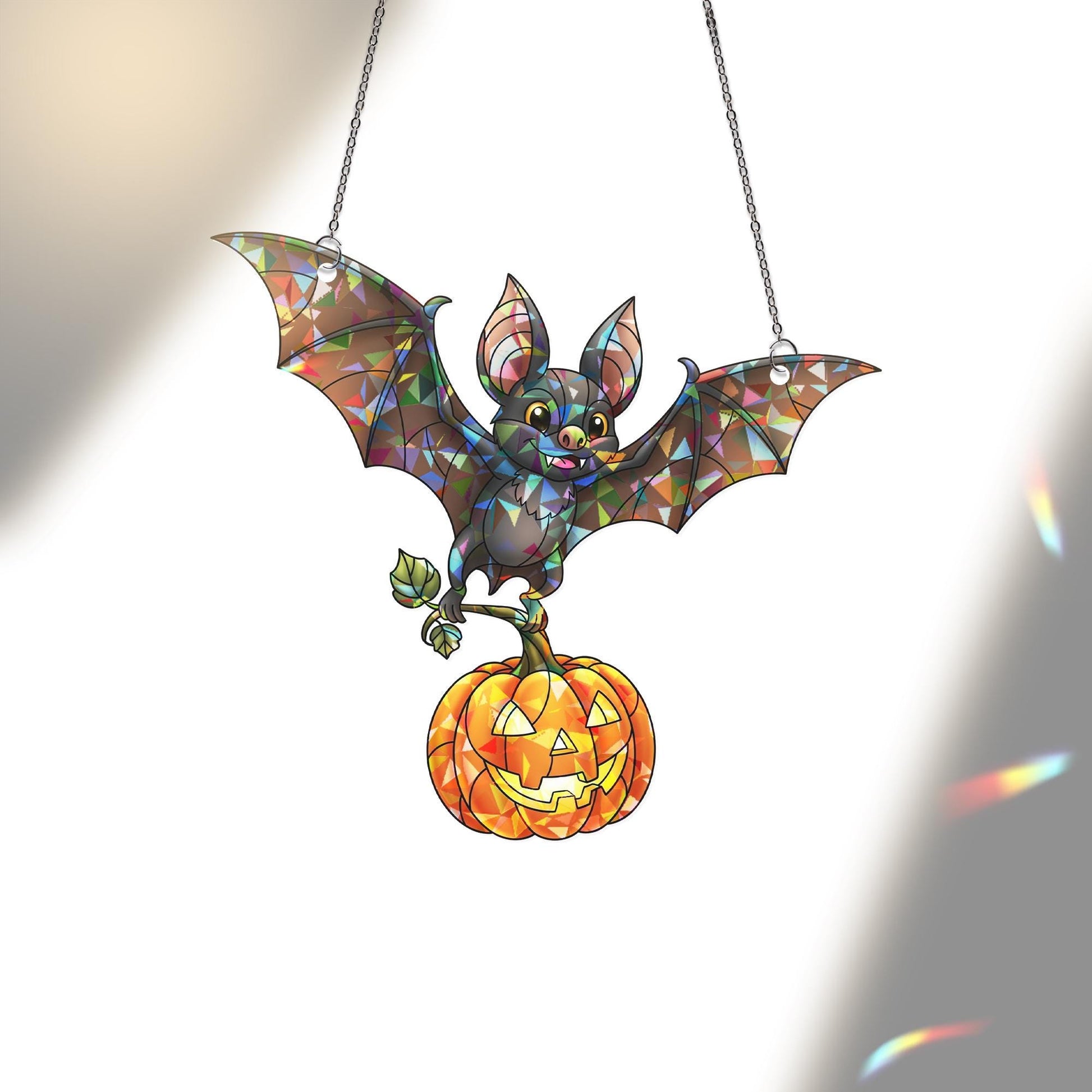 Halloween Bat Suncatcher, Stained Glass Pumpkin Hanging Decor, Cute Spooky Window Ornament, Fall Sun Catcher Gift