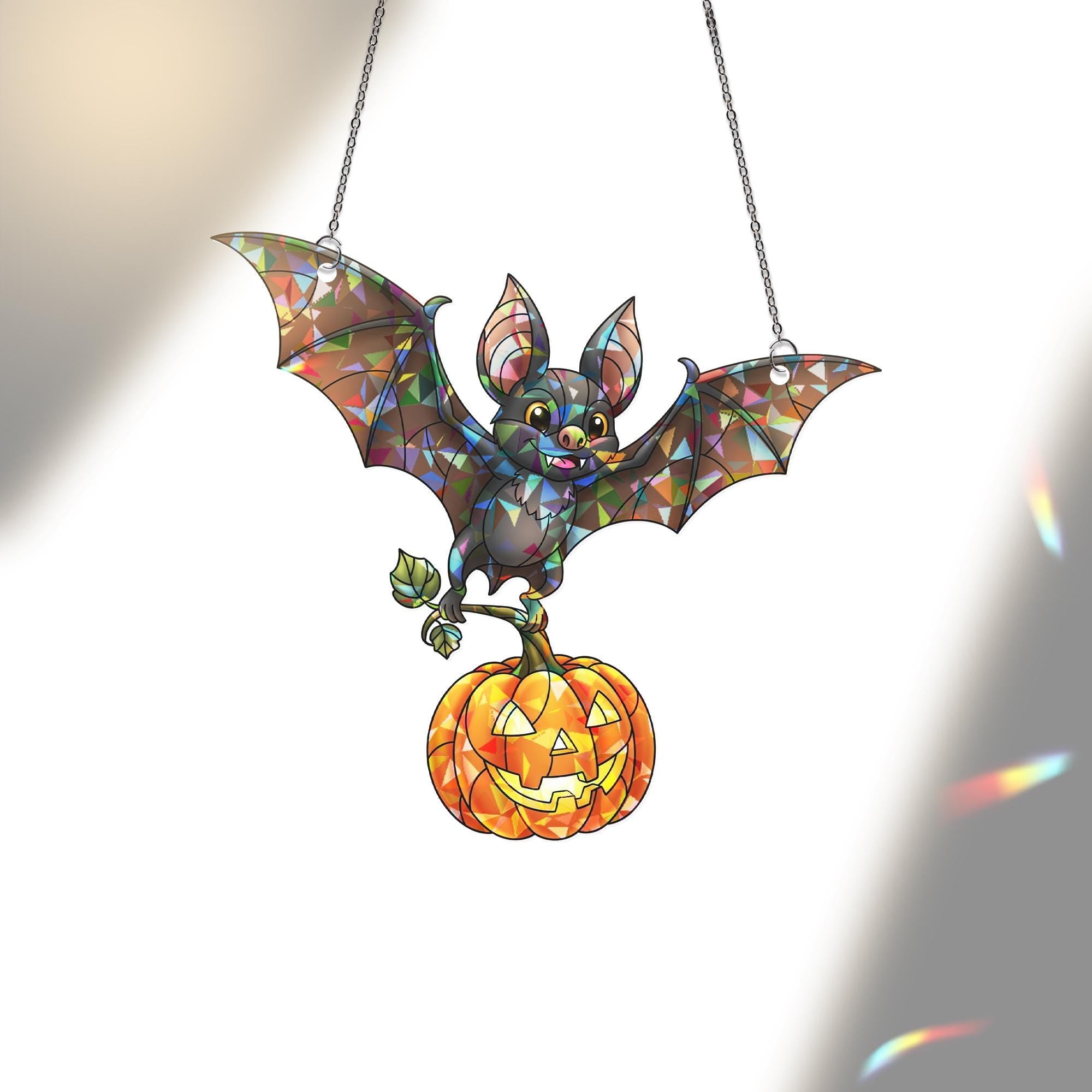 Halloween Bat Suncatcher, Stained Glass Pumpkin Hanging Decor, Cute Spooky Window Ornament, Fall Sun Catcher Gift