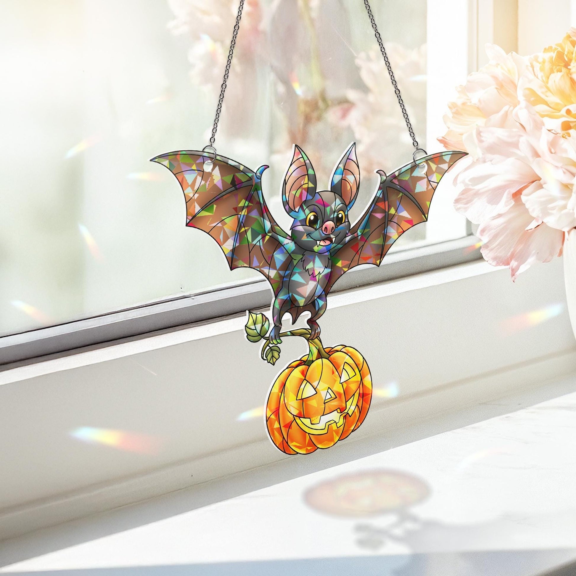 Halloween Bat Suncatcher, Stained Glass Pumpkin Hanging Decor, Cute Spooky Window Ornament, Fall Sun Catcher Gift